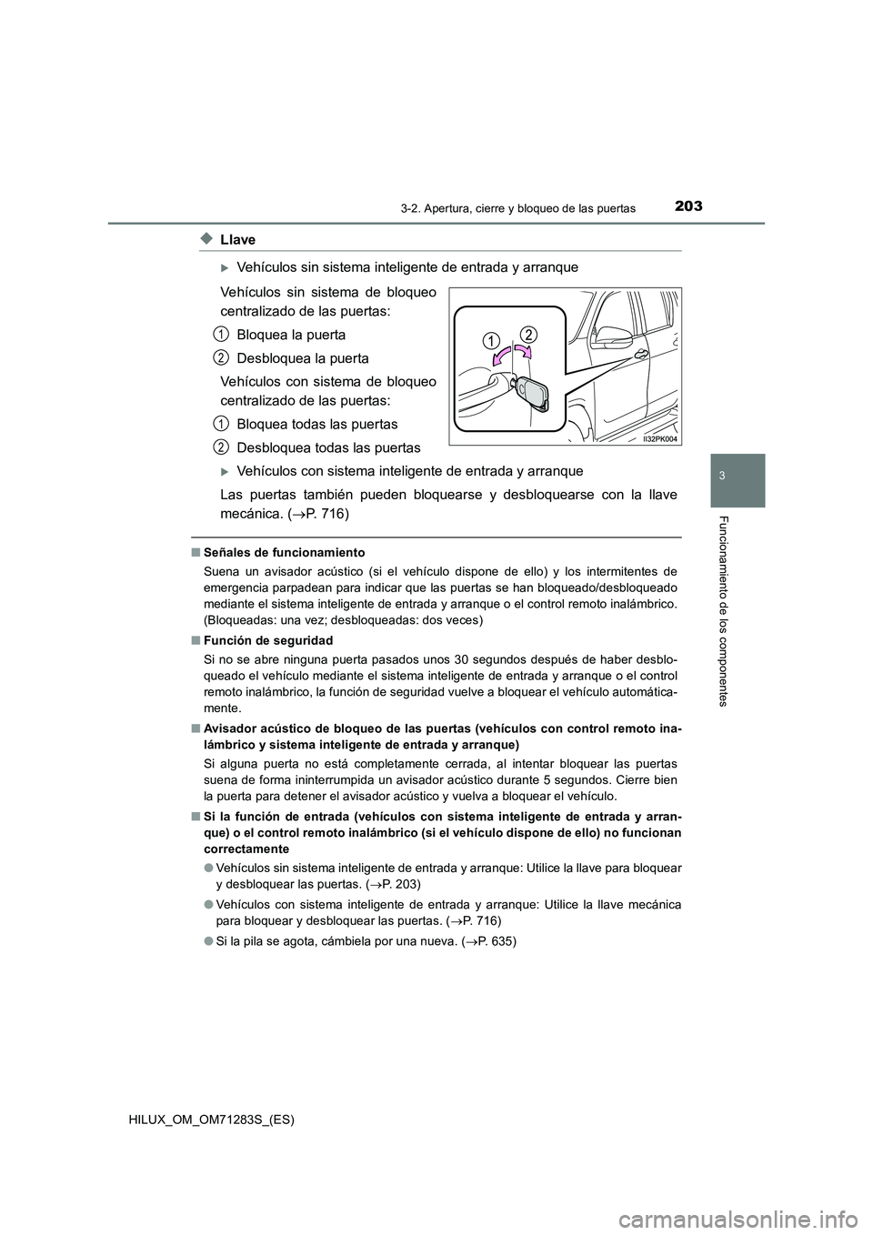 TOYOTA HILUX 2020 Manuale de Empleo (in Spanish) 2033-2. Apertura, cierre y bloqueo de las puertas
3
Funcionamiento de los componentes
HILUX_OM_OM71283S_(ES)
◆Llave
Vehículos sin sistema inteligente de entrada y arranque
Vehículos sin sistema TOYOTA HILUX 2020 Manuale de Empleo (in Spanish) 2033-2. Apertura, cierre y bloqueo de las puertas
3
Funcionamiento de los componentes
HILUX_OM_OM71283S_(ES)
◆Llave
Vehículos sin sistema inteligente de entrada y arranque
Vehículos sin sistema