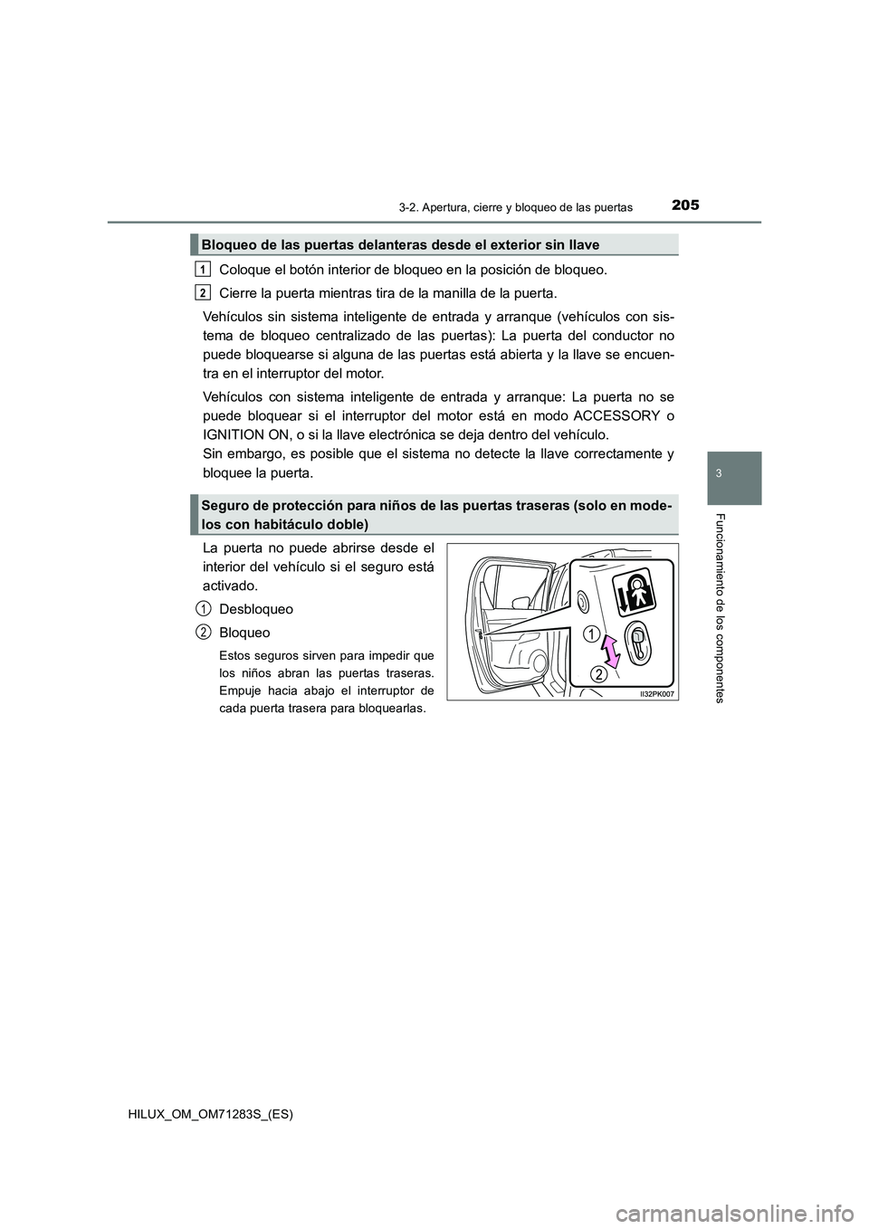 TOYOTA HILUX 2020 Manuale de Empleo (in Spanish) 2053-2. Apertura, cierre y bloqueo de las puertas
3
Funcionamiento de los componentes
HILUX_OM_OM71283S_(ES)
Coloque el botón interior de bloqueo en la posición de bloqueo.
Cierre la puerta mientras TOYOTA HILUX 2020 Manuale de Empleo (in Spanish) 2053-2. Apertura, cierre y bloqueo de las puertas
3
Funcionamiento de los componentes
HILUX_OM_OM71283S_(ES)
Coloque el botón interior de bloqueo en la posición de bloqueo.
Cierre la puerta mientras