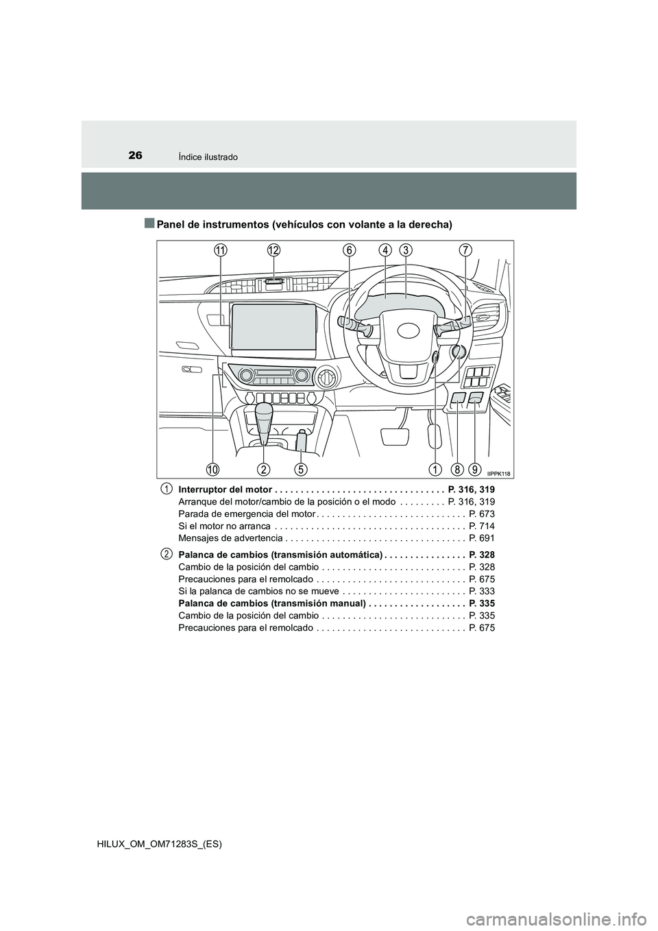 TOYOTA HILUX 2020  Manuale de Empleo (in Spanish) 26Índice ilustrado
HILUX_OM_OM71283S_(ES)
■Panel de instrumentos (vehículos con volante a la derecha)
Interruptor del motor . . . . . . . . . . . . . . . . . . . . . . . . . . . . . . . . .  P. 31