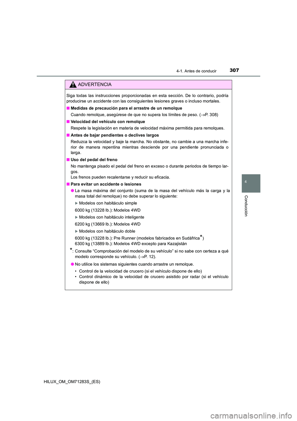 TOYOTA HILUX 2020  Manuale de Empleo (in Spanish) 3074-1. Antes de conducir
4
Conducción
HILUX_OM_OM71283S_(ES)
ADVERTENCIA
Siga todas las instrucciones proporcionadas en esta sección. De lo contrario, podría 
producirse un accidente con las consi