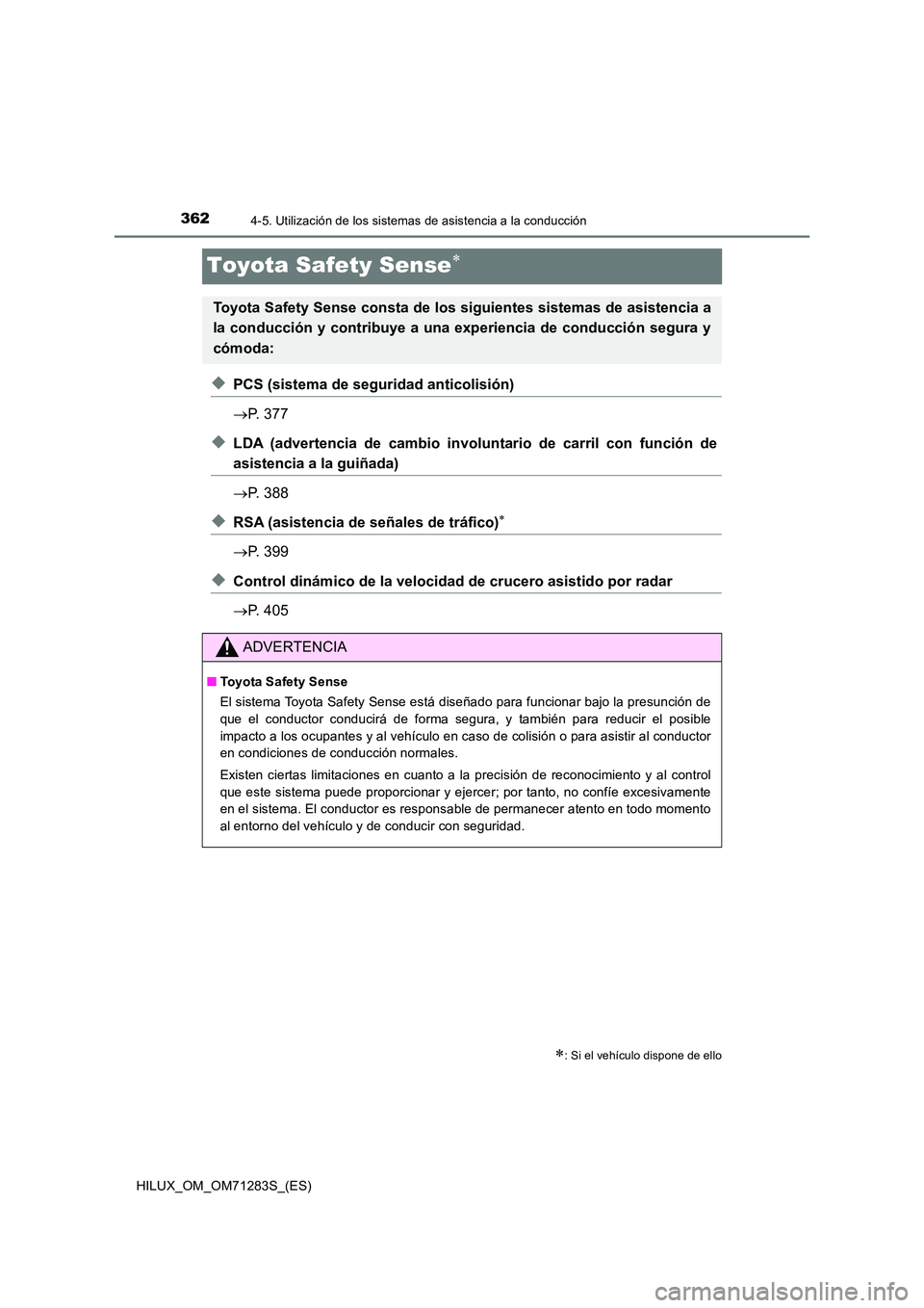 TOYOTA HILUX 2020 Manuale de Empleo (in Spanish) 3624-5. Utilización de los sistemas de asistencia a la conducción
HILUX_OM_OM71283S_(ES)
Toyota Safety Sense
◆PCS (sistema de seguridad anticolisión)
P. 377
◆LDA (advertencia de cambio TOYOTA HILUX 2020 Manuale de Empleo (in Spanish) 3624-5. Utilización de los sistemas de asistencia a la conducción
HILUX_OM_OM71283S_(ES)
Toyota Safety Sense
◆PCS (sistema de seguridad anticolisión)
P. 377
◆LDA (advertencia de cambio