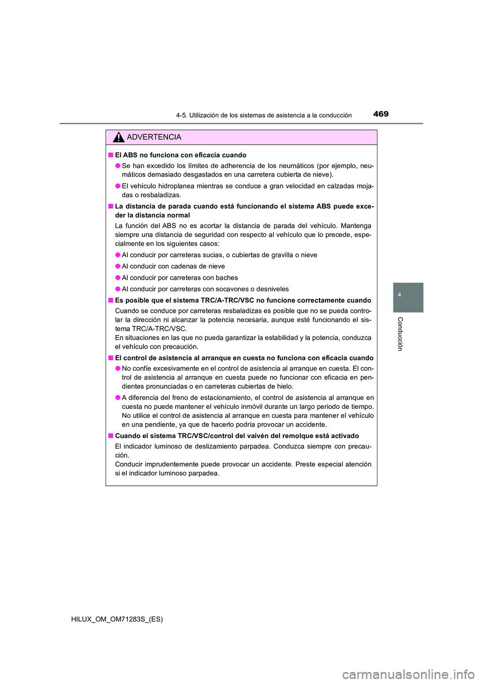 TOYOTA HILUX 2020  Manuale de Empleo (in Spanish) 4694-5. Utilización de los sistemas de asistencia a la conducción
4
Conducción
HILUX_OM_OM71283S_(ES)
ADVERTENCIA
■El ABS no funciona con eficacia cuando 
● Se han excedido los límites de adhe