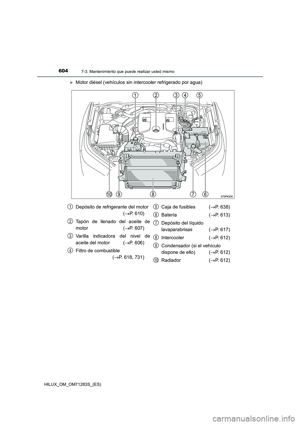 TOYOTA HILUX 2020  Manuale de Empleo (in Spanish) 6047-3. Mantenimiento que puede realizar usted mismo
HILUX_OM_OM71283S_(ES)
Motor diésel (vehículos sin intercooler refrigerado por agua)
Depósito de refrigerante del motor  
( P. 610) 
Tapó