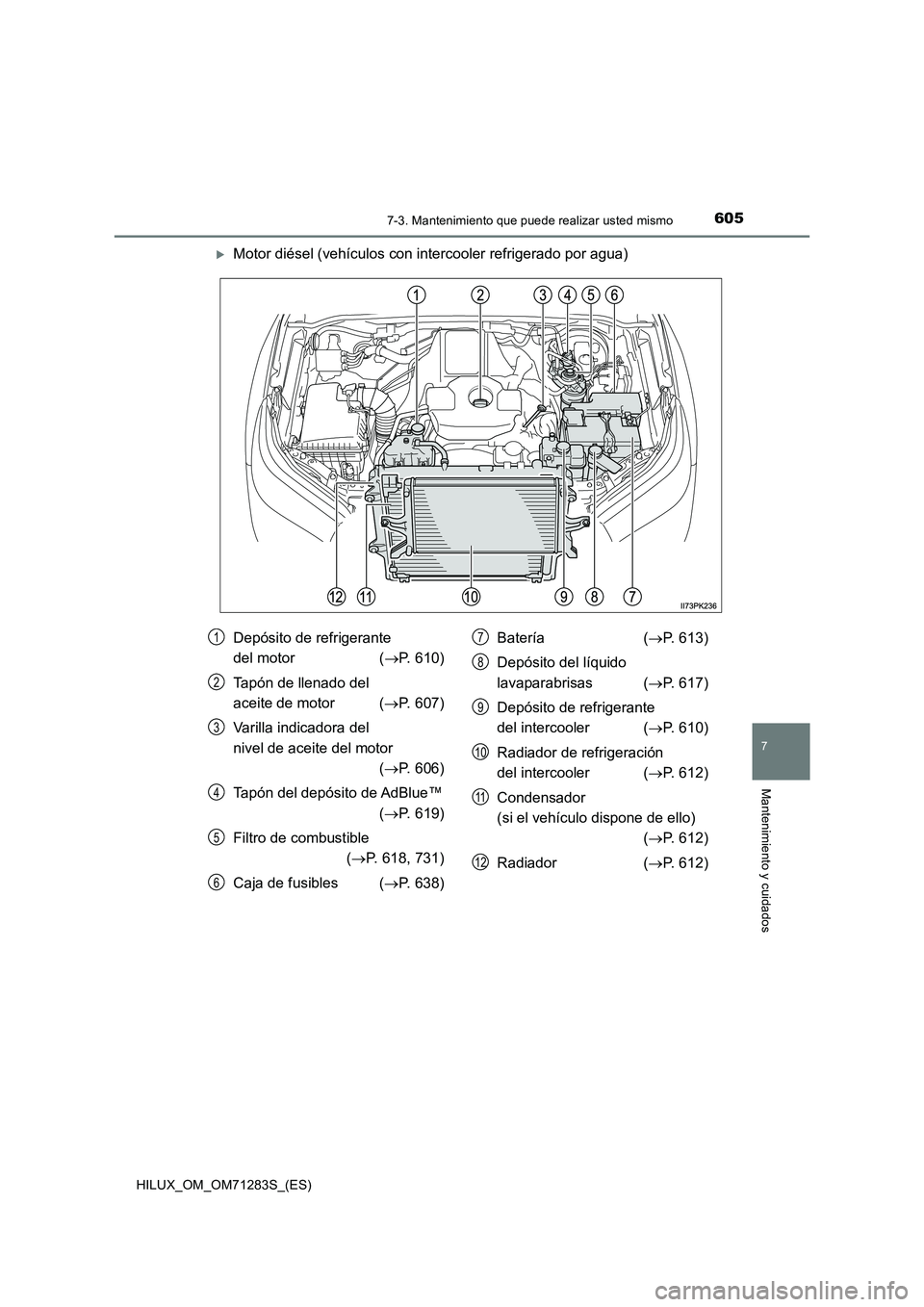 TOYOTA HILUX 2020  Manuale de Empleo (in Spanish) 6057-3. Mantenimiento que puede realizar usted mismo
HILUX_OM_OM71283S_(ES)
7
Mantenimiento y cuidados
Motor diésel (vehículos con intercooler refrigerado por agua)
Depósito de refrigerante  
de