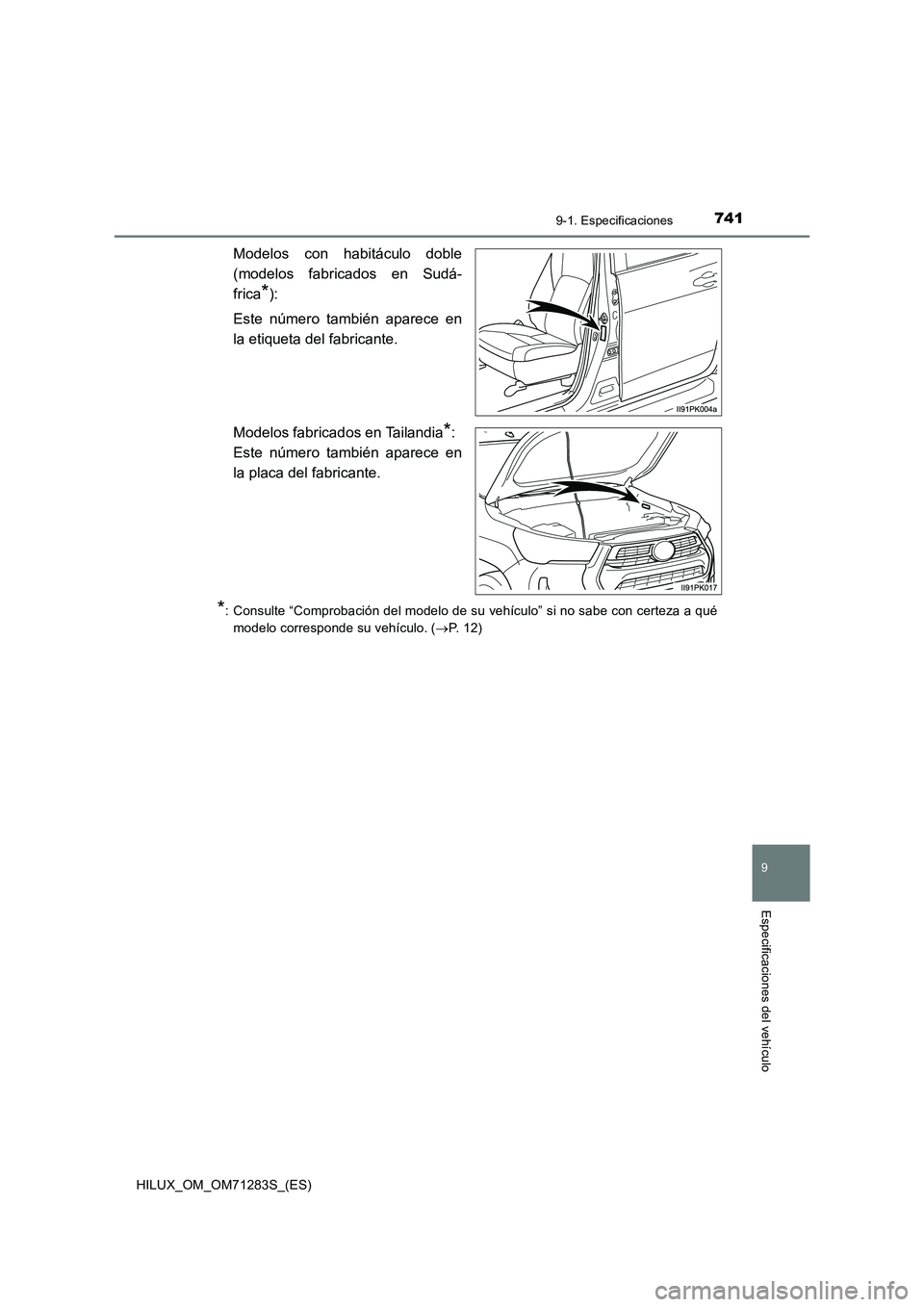 TOYOTA HILUX 2020 Manuale de Empleo (in Spanish) 741
9
9-1. Especificaciones
Especificaciones del vehículo
HILUX_OM_OM71283S_(ES)
Modelos con habitáculo doble
(modelos fabricados en Sudá-
frica*):
Este número también aparece en
la etiqueta TOYOTA HILUX 2020 Manuale de Empleo (in Spanish) 741
9
9-1. Especificaciones
Especificaciones del vehículo
HILUX_OM_OM71283S_(ES)
Modelos con habitáculo doble
(modelos fabricados en Sudá-
frica*):
Este número también aparece en
la etiqueta