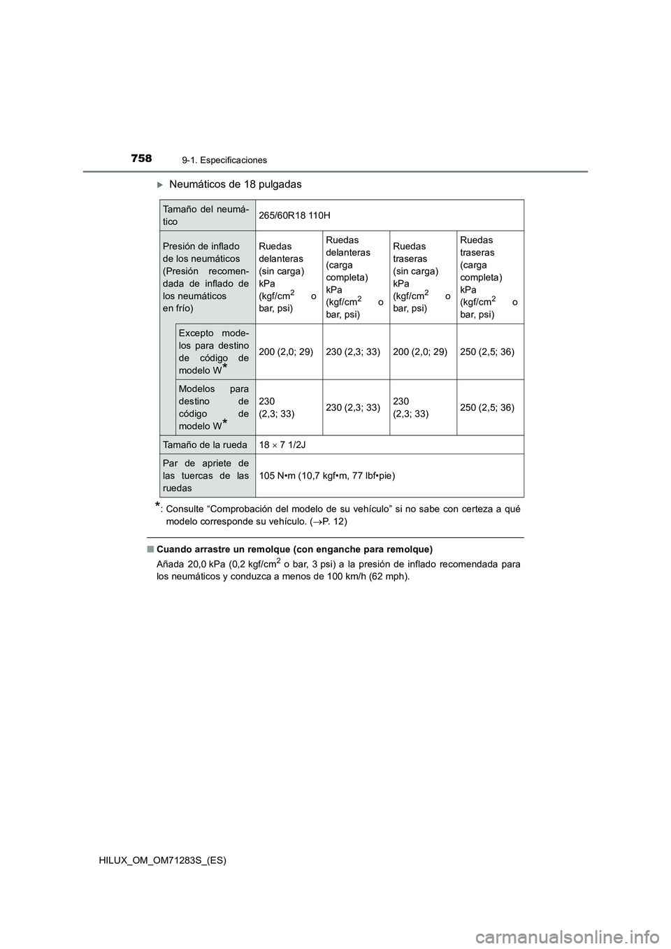 TOYOTA HILUX 2020 Manuale de Empleo (in Spanish) 7589-1. Especificaciones
HILUX_OM_OM71283S_(ES)
Neumáticos de 18 pulgadas
*: Consulte “Comprobación del modelo de su vehículo” si no sabe con certeza a qué
modelo corresponde su vehículo. TOYOTA HILUX 2020 Manuale de Empleo (in Spanish) 7589-1. Especificaciones
HILUX_OM_OM71283S_(ES)
Neumáticos de 18 pulgadas
*: Consulte “Comprobación del modelo de su vehículo” si no sabe con certeza a qué
modelo corresponde su vehículo.