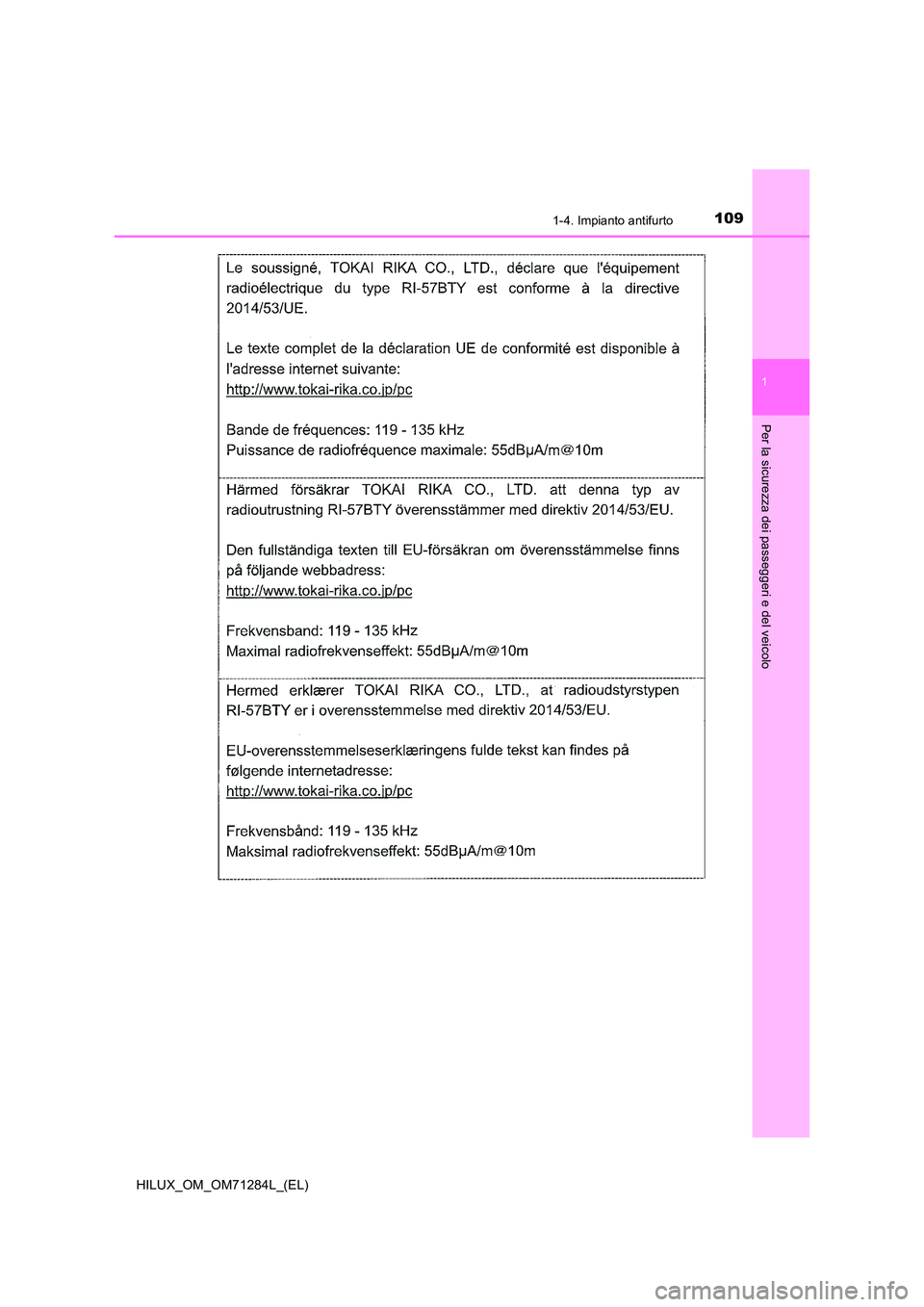 TOYOTA HILUX 2020 Manuale duso (in Italian) 1091-4. Impianto antifurto
1
HILUX_OM_OM71284L_(EL)
Per la sicurezza dei passeggeri e del veicolo TOYOTA HILUX 2020 Manuale duso (in Italian) 1091-4. Impianto antifurto
1
HILUX_OM_OM71284L_(EL)
Per la sicurezza dei passeggeri e del veicolo