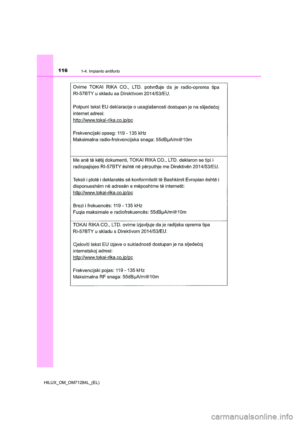 TOYOTA HILUX 2020  Manuale duso (in Italian) 1161-4. Impianto antifurto
HILUX_OM_OM71284L_(EL) 