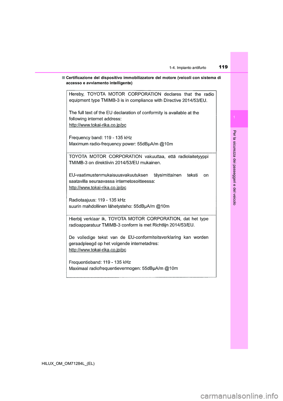 TOYOTA HILUX 2020  Manuale duso (in Italian) 1191-4. Impianto antifurto
1
HILUX_OM_OM71284L_(EL)
Per la sicurezza dei passeggeri e del veicolo
■Certificazione del dispositivo immobilizzatore del motore (veicoli con sistema di 
accesso e avviam