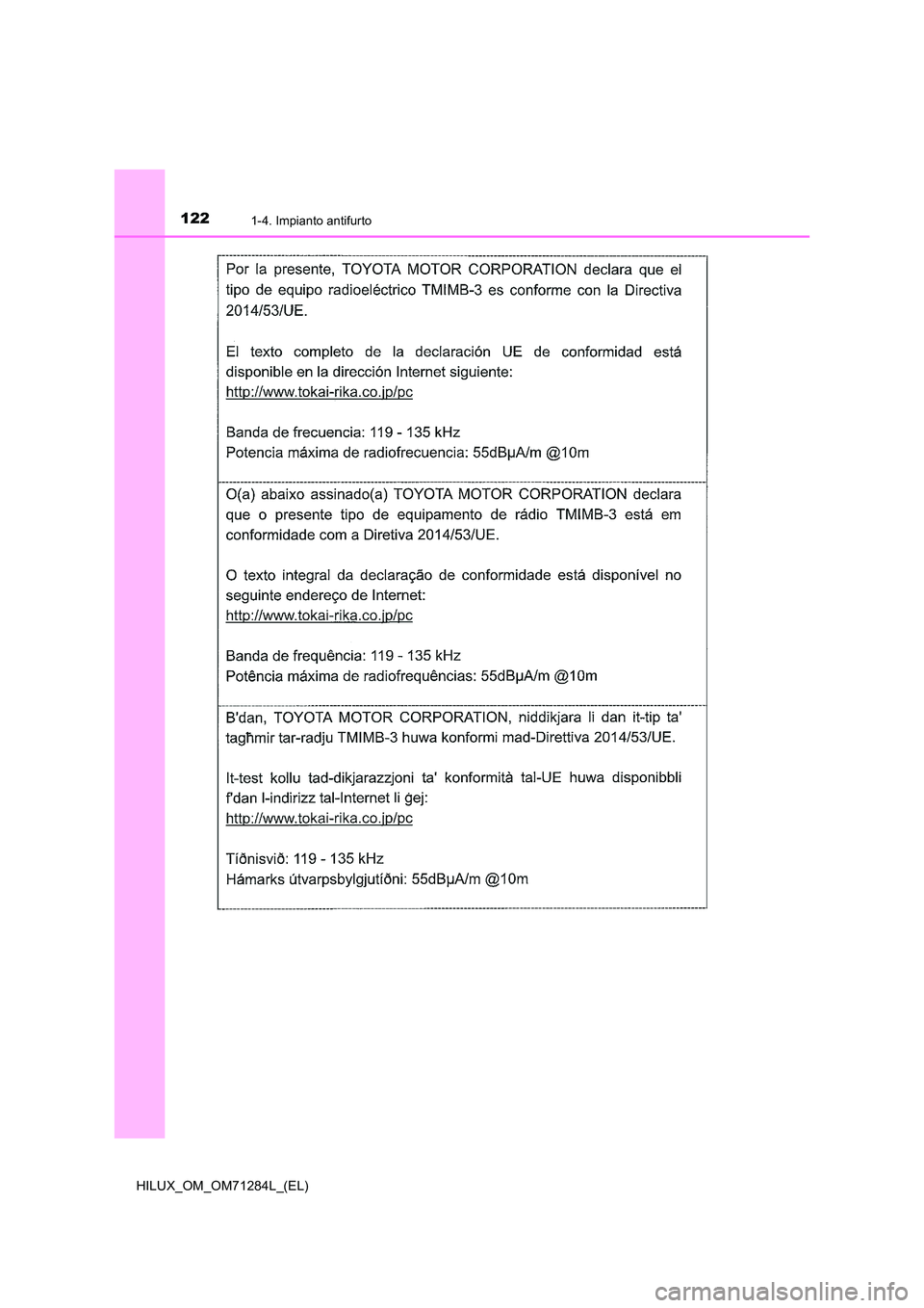 TOYOTA HILUX 2020 Manuale duso (in Italian) 1221-4. Impianto antifurto
HILUX_OM_OM71284L_(EL) TOYOTA HILUX 2020 Manuale duso (in Italian) 1221-4. Impianto antifurto
HILUX_OM_OM71284L_(EL)