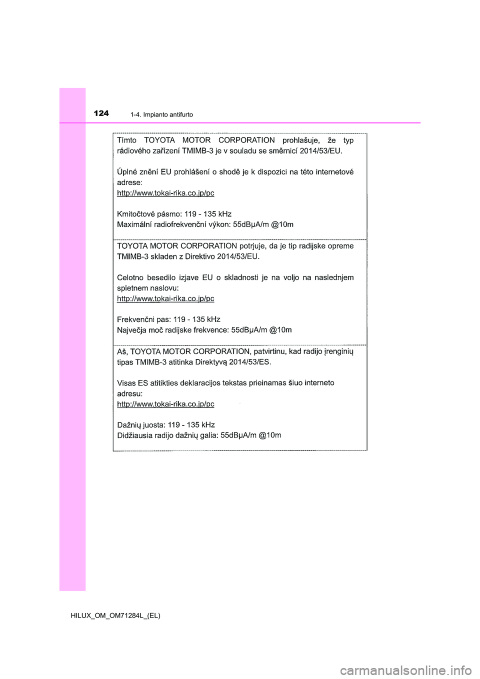 TOYOTA HILUX 2020 Manuale duso (in Italian) 1241-4. Impianto antifurto
HILUX_OM_OM71284L_(EL) TOYOTA HILUX 2020 Manuale duso (in Italian) 1241-4. Impianto antifurto
HILUX_OM_OM71284L_(EL)