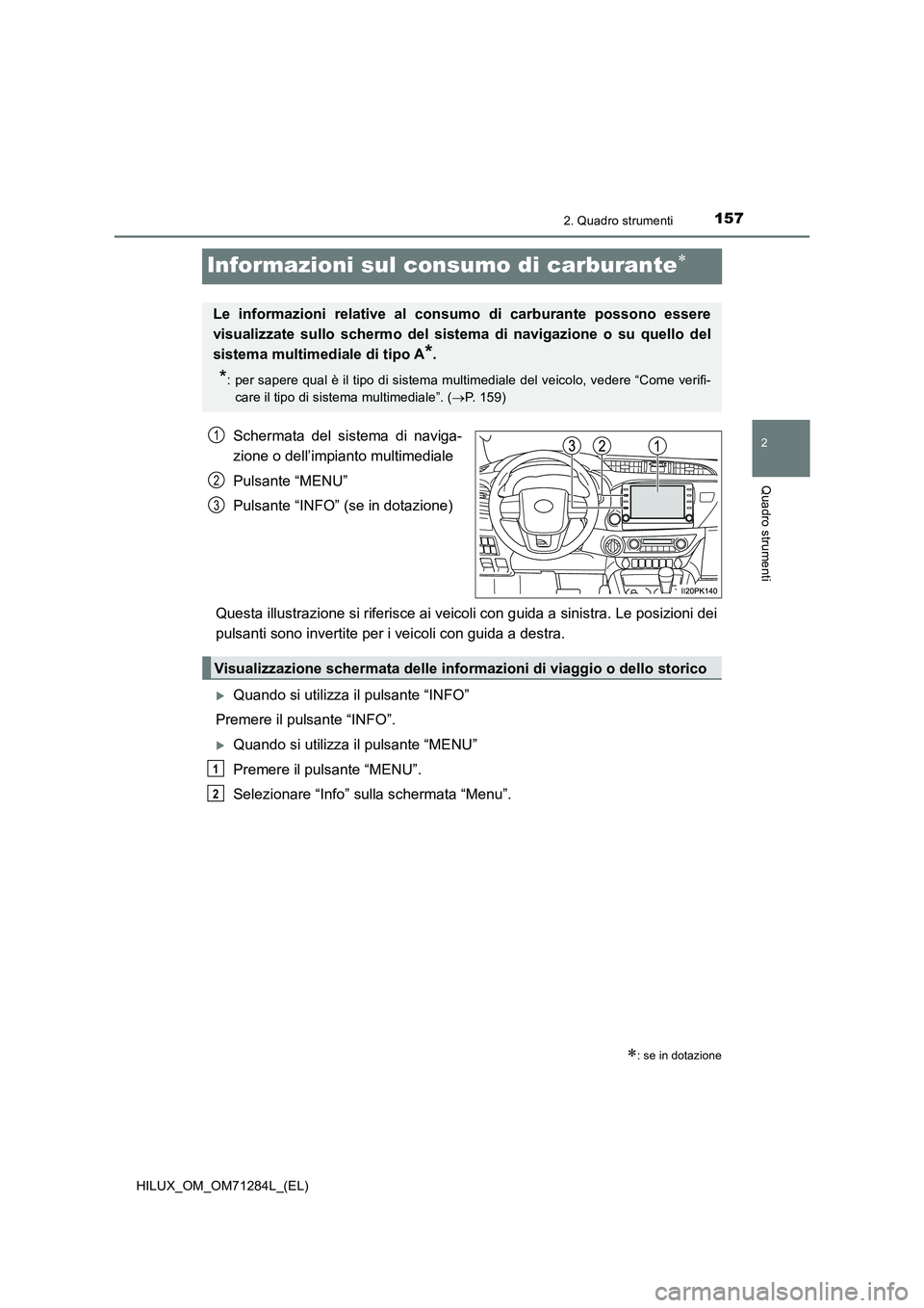 TOYOTA HILUX 2020  Manuale duso (in Italian) 157
2
2. Quadro strumenti
Quadro strumenti
HILUX_OM_OM71284L_(EL)
Informazioni sul consumo di carburante
Schermata del sistema di naviga-
zione o dell’impianto multimediale
Pulsante “MENU”
Pu
