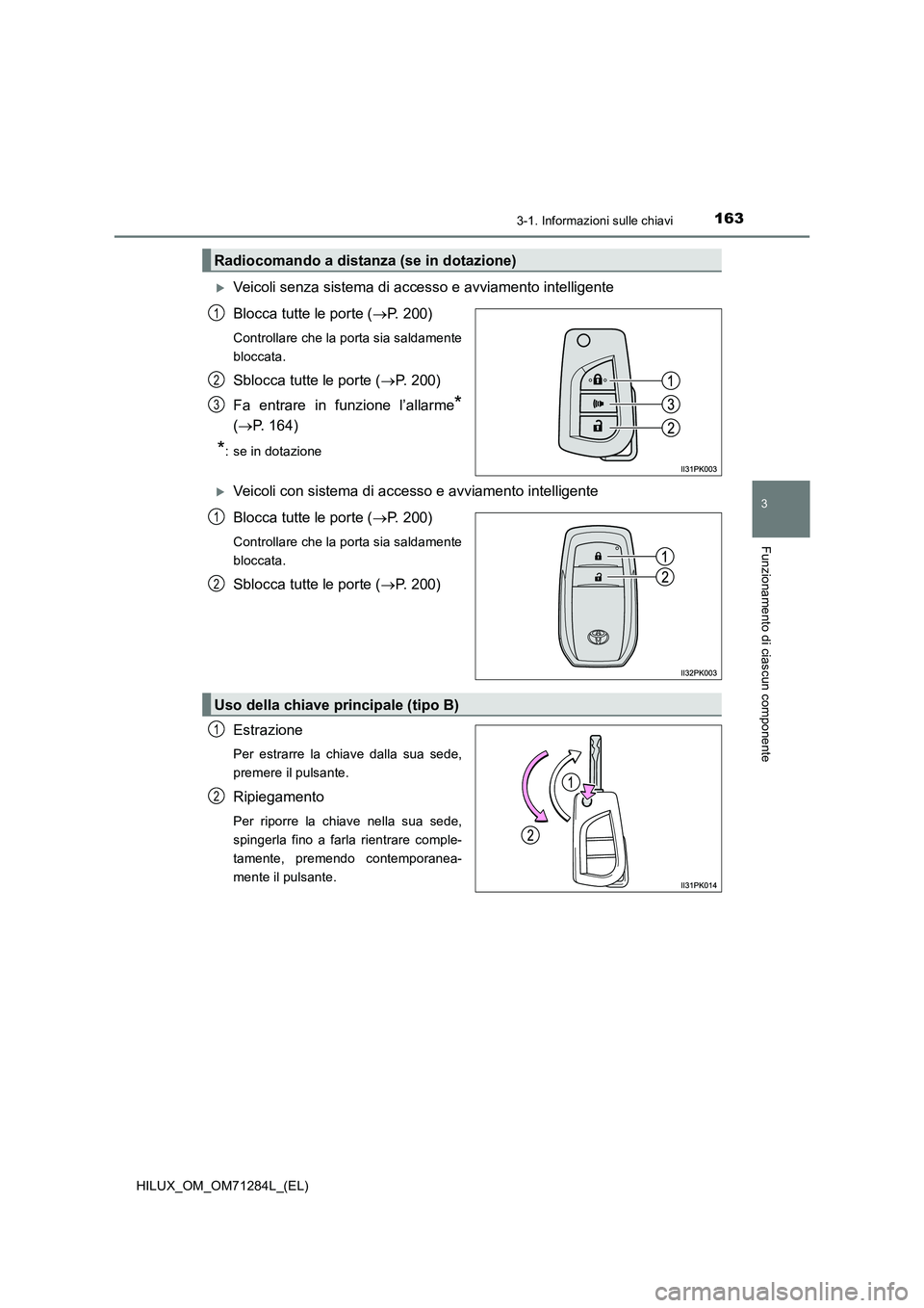 TOYOTA HILUX 2020  Manuale duso (in Italian) 1633-1. Informazioni sulle chiavi
3
Funzionamento di ciascun componente
HILUX_OM_OM71284L_(EL)
Veicoli senza sistema di accesso e avviamento intelligente
Blocca tutte le porte (P. 200)
Controlla