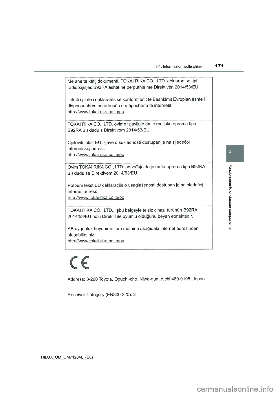 TOYOTA HILUX 2020 Manuale duso (in Italian) 1713-1. Informazioni sulle chiavi
3
Funzionamento di ciascun componente
HILUX_OM_OM71284L_(EL) TOYOTA HILUX 2020 Manuale duso (in Italian) 1713-1. Informazioni sulle chiavi
3
Funzionamento di ciascun componente
HILUX_OM_OM71284L_(EL)