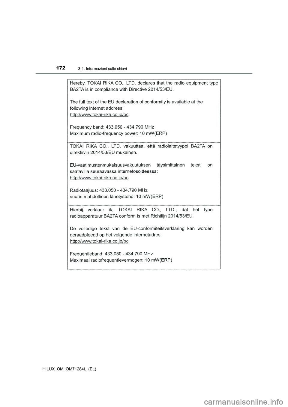 TOYOTA HILUX 2020 Manuale duso (in Italian) 1723-1. Informazioni sulle chiavi
HILUX_OM_OM71284L_(EL) TOYOTA HILUX 2020 Manuale duso (in Italian) 1723-1. Informazioni sulle chiavi
HILUX_OM_OM71284L_(EL)