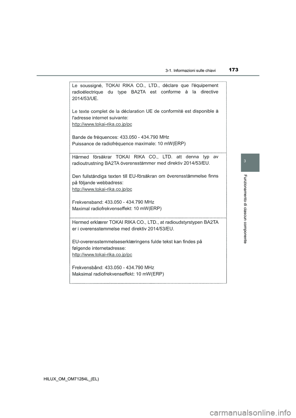 TOYOTA HILUX 2020 Manuale duso (in Italian) 1733-1. Informazioni sulle chiavi
3
Funzionamento di ciascun componente
HILUX_OM_OM71284L_(EL) TOYOTA HILUX 2020 Manuale duso (in Italian) 1733-1. Informazioni sulle chiavi
3
Funzionamento di ciascun componente
HILUX_OM_OM71284L_(EL)