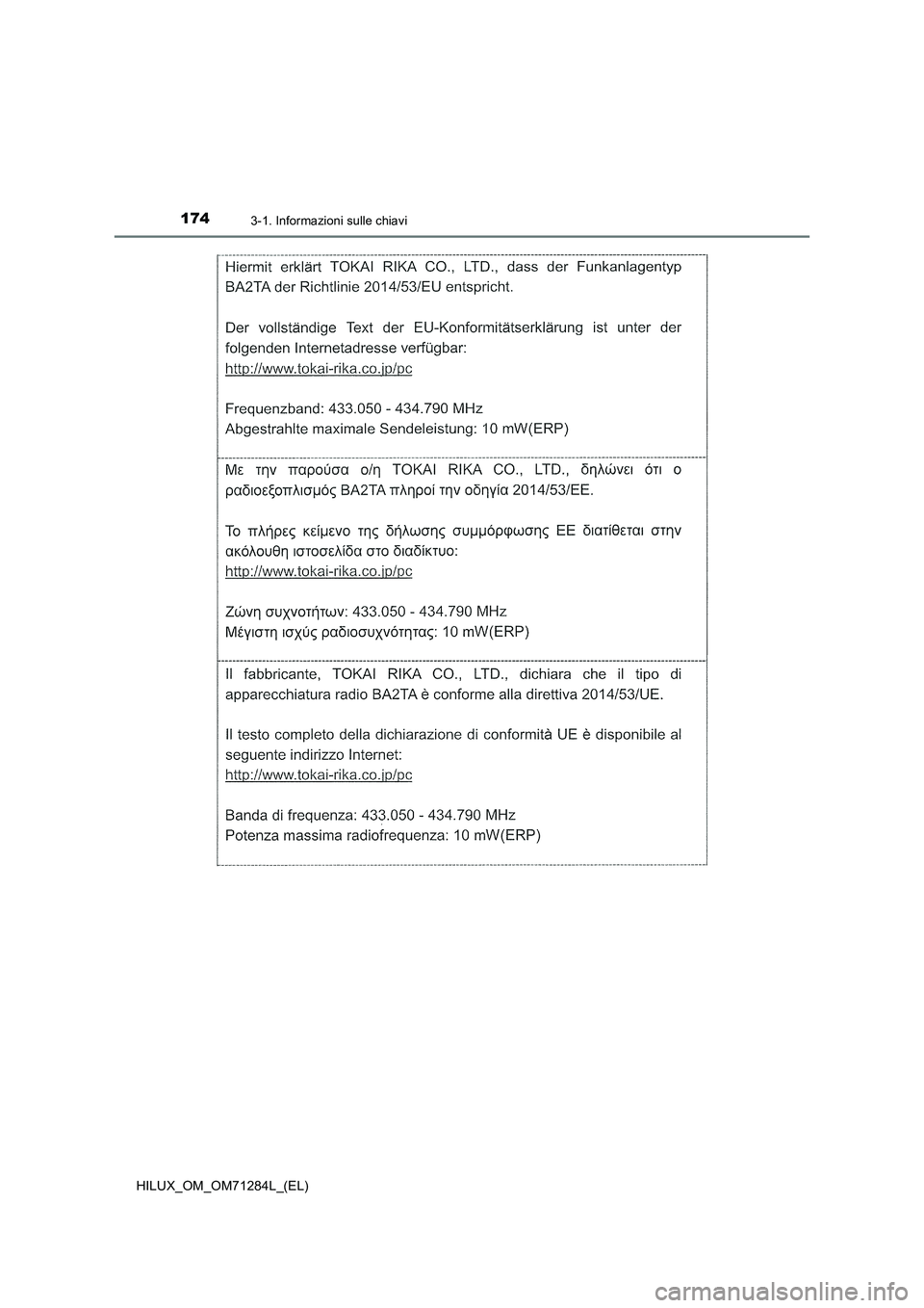 TOYOTA HILUX 2020 Manuale duso (in Italian) 1743-1. Informazioni sulle chiavi
HILUX_OM_OM71284L_(EL) TOYOTA HILUX 2020 Manuale duso (in Italian) 1743-1. Informazioni sulle chiavi
HILUX_OM_OM71284L_(EL)