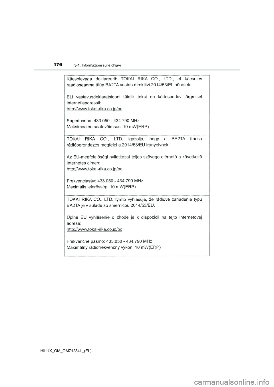 TOYOTA HILUX 2020 Manuale duso (in Italian) 1763-1. Informazioni sulle chiavi
HILUX_OM_OM71284L_(EL) TOYOTA HILUX 2020 Manuale duso (in Italian) 1763-1. Informazioni sulle chiavi
HILUX_OM_OM71284L_(EL)