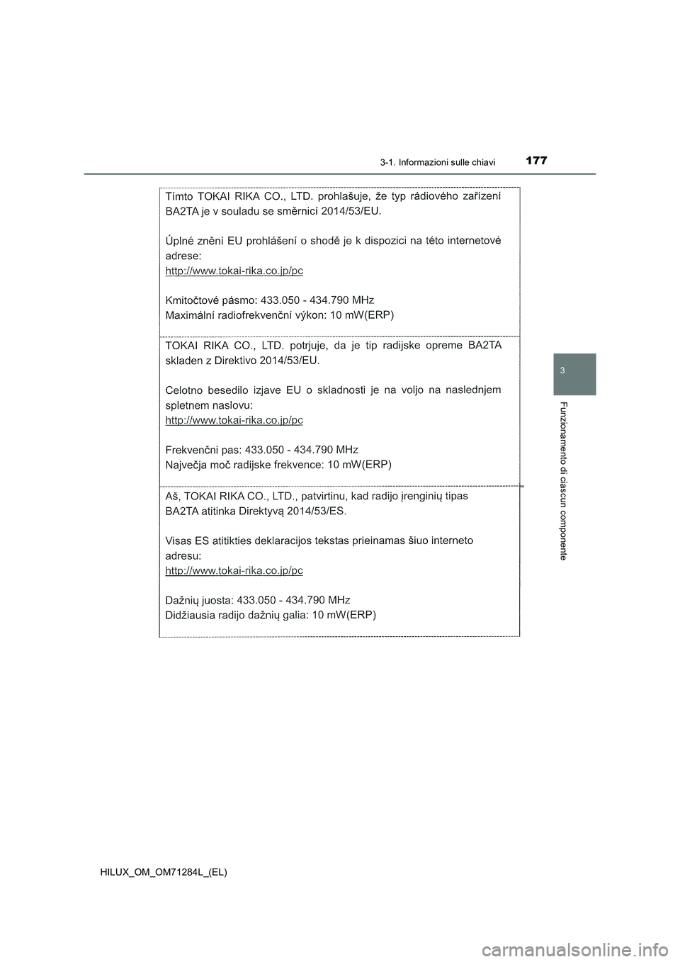 TOYOTA HILUX 2020 Manuale duso (in Italian) 1773-1. Informazioni sulle chiavi
3
Funzionamento di ciascun componente
HILUX_OM_OM71284L_(EL) TOYOTA HILUX 2020 Manuale duso (in Italian) 1773-1. Informazioni sulle chiavi
3
Funzionamento di ciascun componente
HILUX_OM_OM71284L_(EL)
