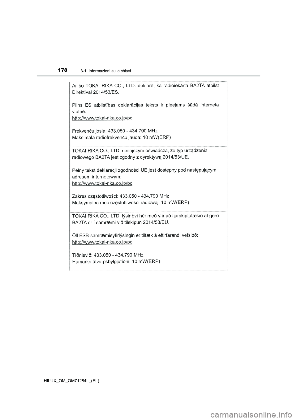 TOYOTA HILUX 2020 Manuale duso (in Italian) 1783-1. Informazioni sulle chiavi
HILUX_OM_OM71284L_(EL) TOYOTA HILUX 2020 Manuale duso (in Italian) 1783-1. Informazioni sulle chiavi
HILUX_OM_OM71284L_(EL)