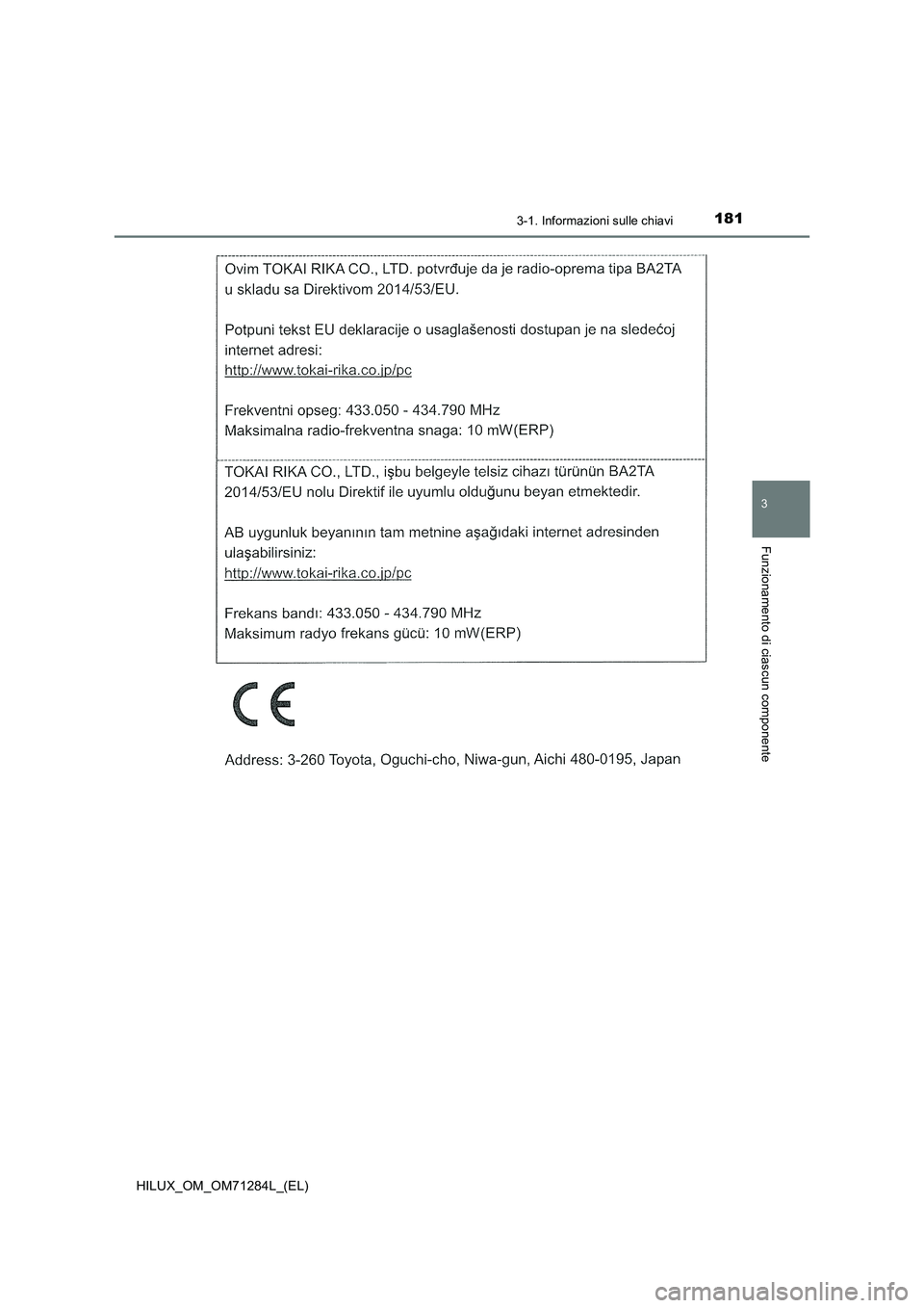 TOYOTA HILUX 2020 Manuale duso (in Italian) 1813-1. Informazioni sulle chiavi
3
Funzionamento di ciascun componente
HILUX_OM_OM71284L_(EL) TOYOTA HILUX 2020 Manuale duso (in Italian) 1813-1. Informazioni sulle chiavi
3
Funzionamento di ciascun componente
HILUX_OM_OM71284L_(EL)