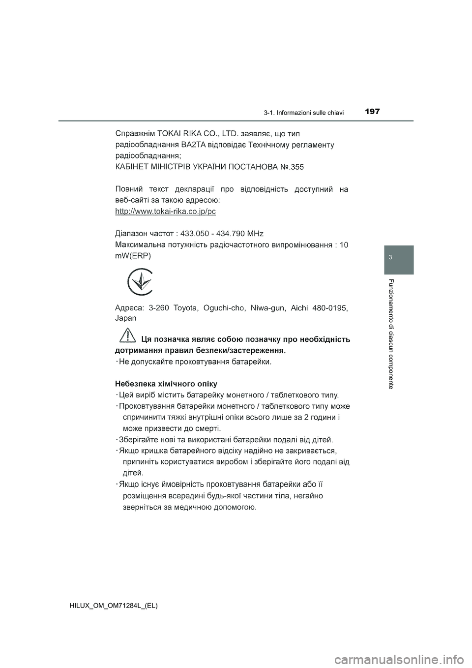 TOYOTA HILUX 2020  Manuale duso (in Italian) 1973-1. Informazioni sulle chiavi
3
Funzionamento di ciascun componente
HILUX_OM_OM71284L_(EL) 