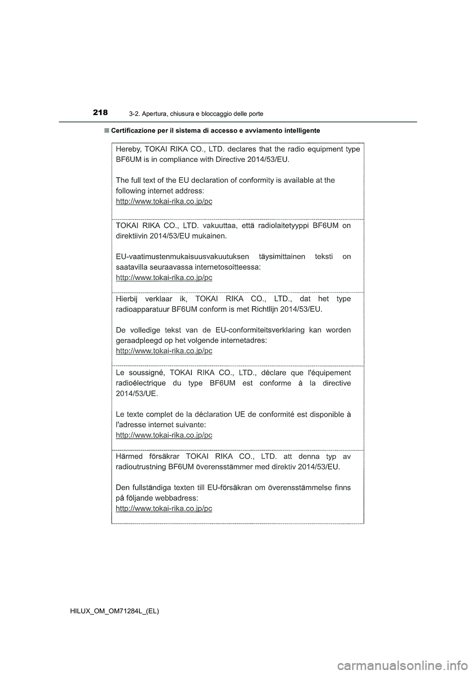 TOYOTA HILUX 2020 Manuale duso (in Italian) 2183-2. Apertura, chiusura e bloccaggio delle porte
HILUX_OM_OM71284L_(EL)■Certificazione per il sistema di accesso e avviamento intelligente TOYOTA HILUX 2020 Manuale duso (in Italian) 2183-2. Apertura, chiusura e bloccaggio delle porte
HILUX_OM_OM71284L_(EL)■Certificazione per il sistema di accesso e avviamento intelligente