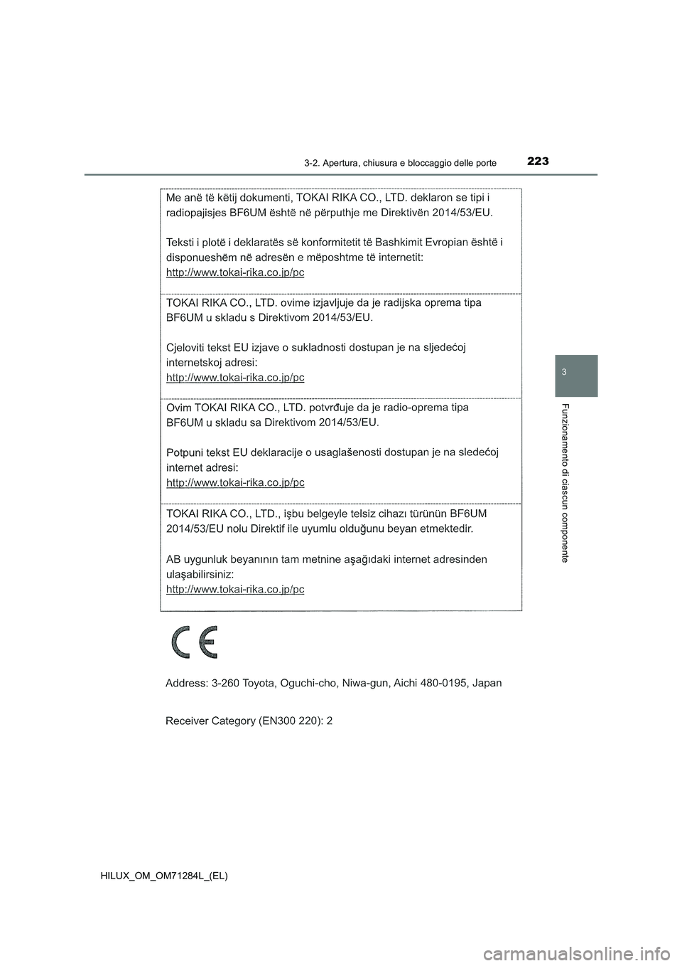 TOYOTA HILUX 2020 Manuale duso (in Italian) 2233-2. Apertura, chiusura e bloccaggio delle porte
3
Funzionamento di ciascun componente
HILUX_OM_OM71284L_(EL) TOYOTA HILUX 2020 Manuale duso (in Italian) 2233-2. Apertura, chiusura e bloccaggio delle porte
3
Funzionamento di ciascun componente
HILUX_OM_OM71284L_(EL)