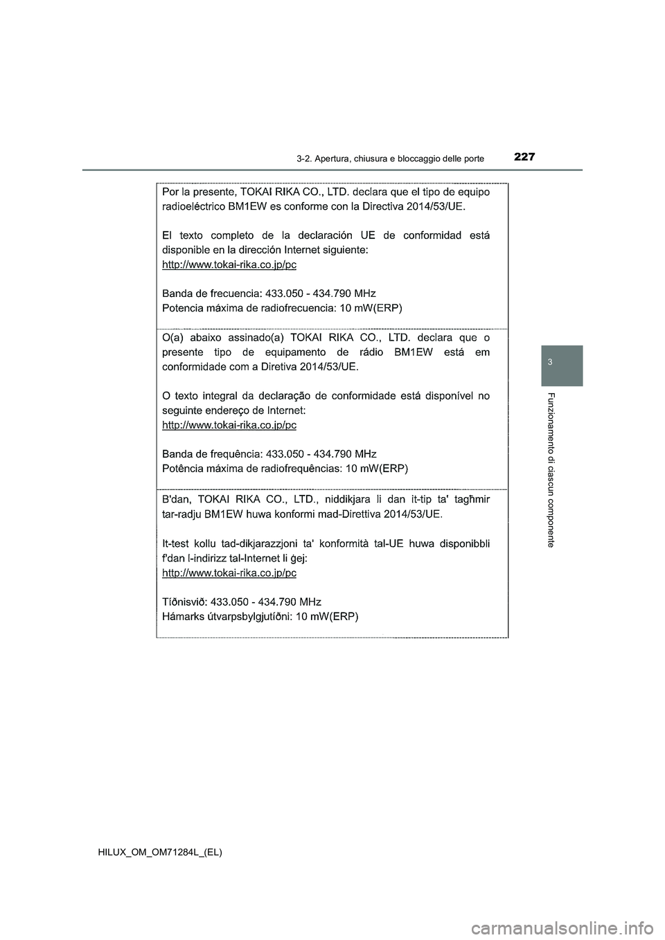 TOYOTA HILUX 2020 Manuale duso (in Italian) 2273-2. Apertura, chiusura e bloccaggio delle porte
3
Funzionamento di ciascun componente
HILUX_OM_OM71284L_(EL) TOYOTA HILUX 2020 Manuale duso (in Italian) 2273-2. Apertura, chiusura e bloccaggio delle porte
3
Funzionamento di ciascun componente
HILUX_OM_OM71284L_(EL)