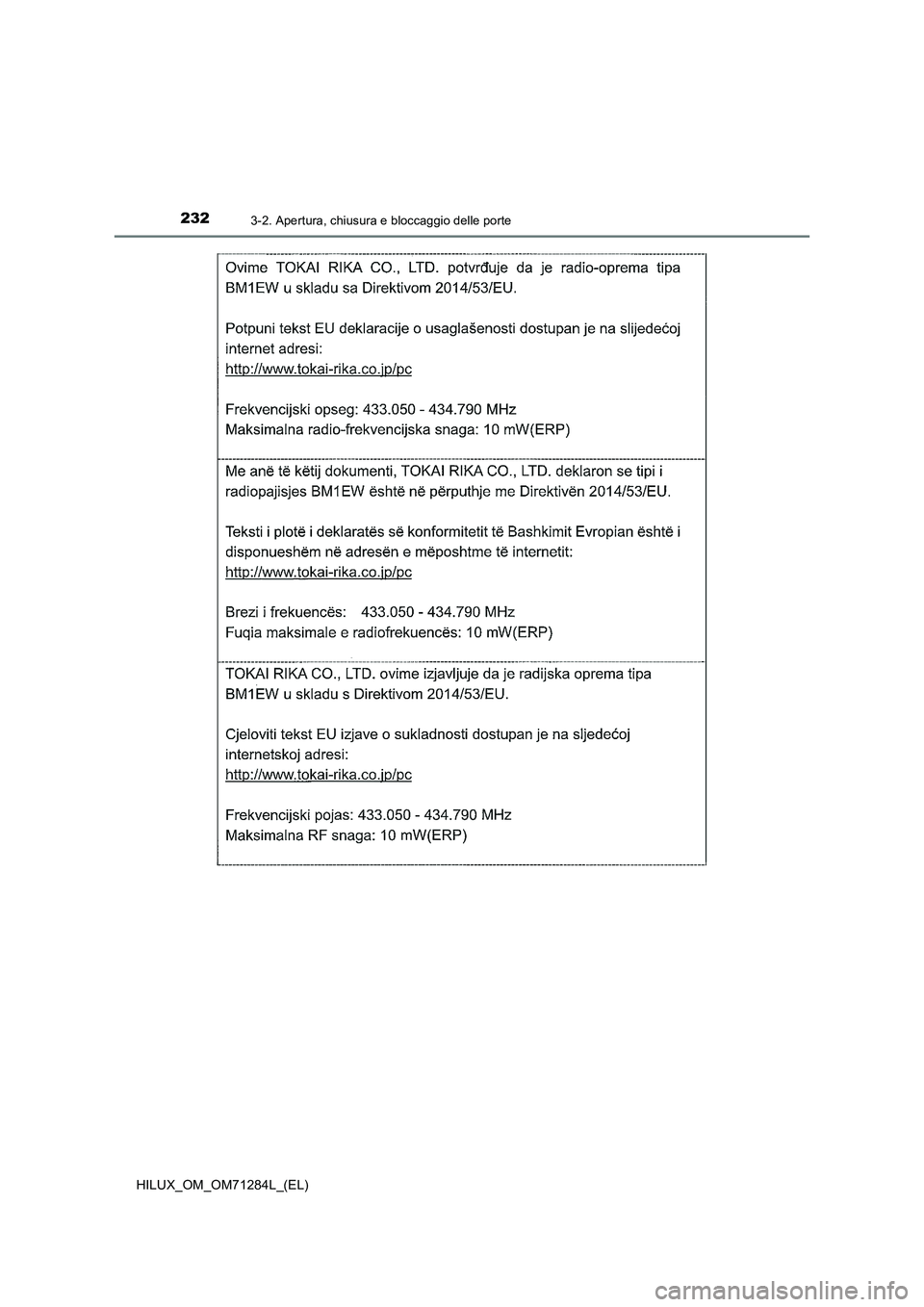 TOYOTA HILUX 2020 Manuale duso (in Italian) 2323-2. Apertura, chiusura e bloccaggio delle porte
HILUX_OM_OM71284L_(EL) TOYOTA HILUX 2020 Manuale duso (in Italian) 2323-2. Apertura, chiusura e bloccaggio delle porte
HILUX_OM_OM71284L_(EL)