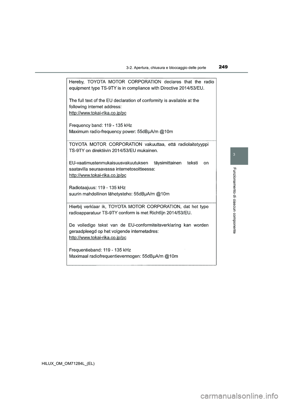 TOYOTA HILUX 2020 Manuale duso (in Italian) 2493-2. Apertura, chiusura e bloccaggio delle porte
3
Funzionamento di ciascun componente
HILUX_OM_OM71284L_(EL) TOYOTA HILUX 2020 Manuale duso (in Italian) 2493-2. Apertura, chiusura e bloccaggio delle porte
3
Funzionamento di ciascun componente
HILUX_OM_OM71284L_(EL)