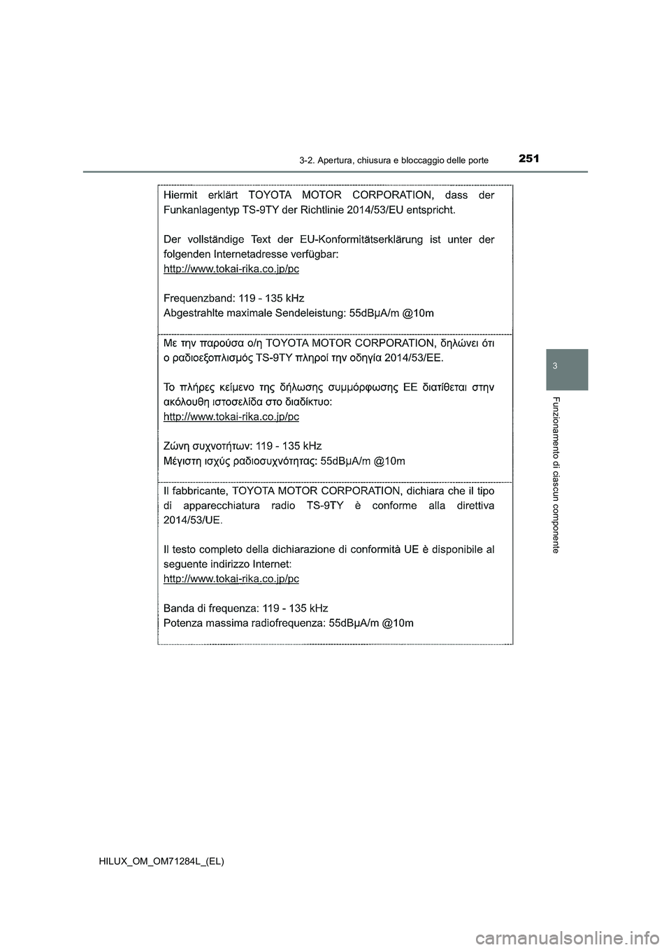 TOYOTA HILUX 2020 Manuale duso (in Italian) 2513-2. Apertura, chiusura e bloccaggio delle porte
3
Funzionamento di ciascun componente
HILUX_OM_OM71284L_(EL) TOYOTA HILUX 2020 Manuale duso (in Italian) 2513-2. Apertura, chiusura e bloccaggio delle porte
3
Funzionamento di ciascun componente
HILUX_OM_OM71284L_(EL)
