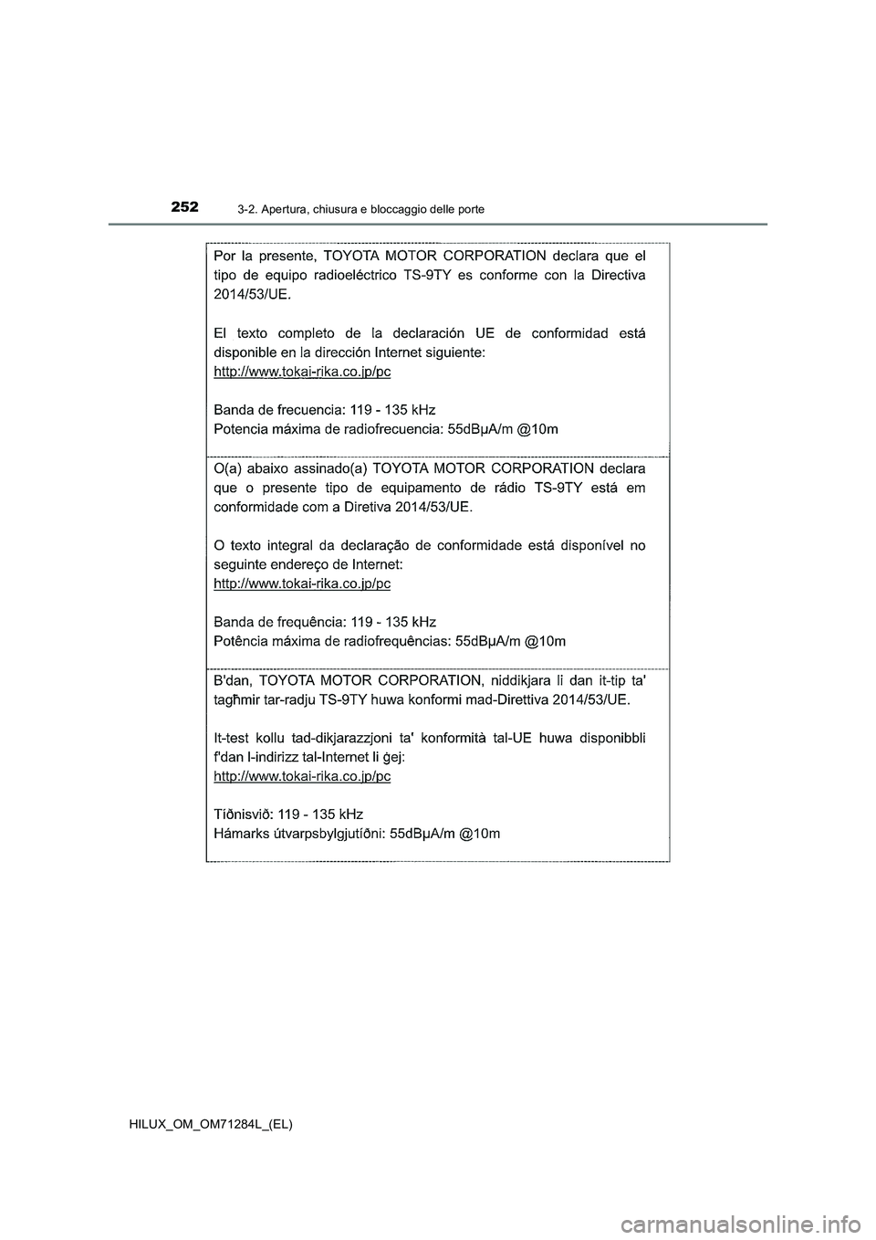 TOYOTA HILUX 2020 Manuale duso (in Italian) 2523-2. Apertura, chiusura e bloccaggio delle porte
HILUX_OM_OM71284L_(EL) TOYOTA HILUX 2020 Manuale duso (in Italian) 2523-2. Apertura, chiusura e bloccaggio delle porte
HILUX_OM_OM71284L_(EL)