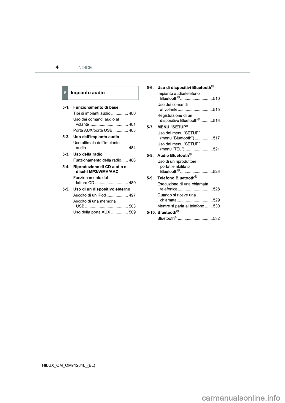 TOYOTA HILUX 2020  Manuale duso (in Italian) INDICE4
HILUX_OM_OM71284L_(EL)5-1. Funzionamento di base
Tipi di impianti audio ............... 480
Uso dei comandi audio al 
volante .................................. 481
Porta AUX/porta USB .......