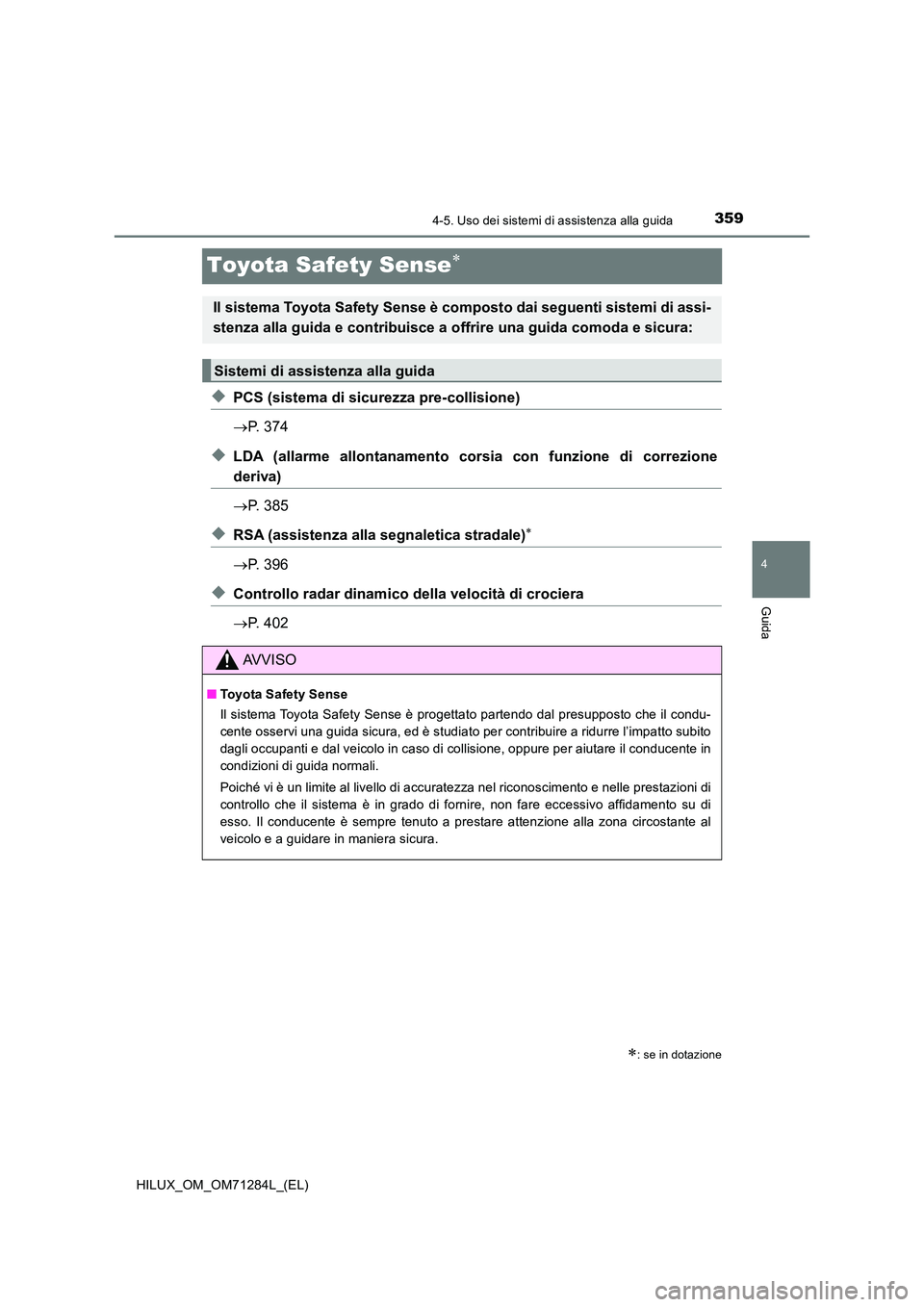 TOYOTA HILUX 2020 Manuale duso (in Italian) 359
4
4-5. Uso dei sistemi di assistenza alla guida
Guida
HILUX_OM_OM71284L_(EL)
Toyota Safety Sense
◆PCS (sistema di sicurezza pre-collisione)
P. 374
◆LDA (allarme allontanamento corsia c TOYOTA HILUX 2020 Manuale duso (in Italian) 359
4
4-5. Uso dei sistemi di assistenza alla guida
Guida
HILUX_OM_OM71284L_(EL)
Toyota Safety Sense
◆PCS (sistema di sicurezza pre-collisione)
P. 374
◆LDA (allarme allontanamento corsia c