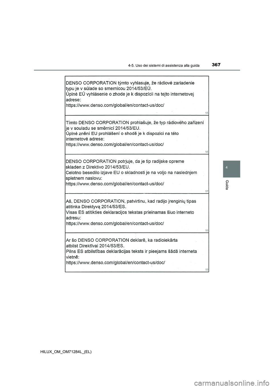 TOYOTA HILUX 2020  Manuale duso (in Italian) 3674-5. Uso dei sistemi di assistenza alla guida
4
Guida
HILUX_OM_OM71284L_(EL) 