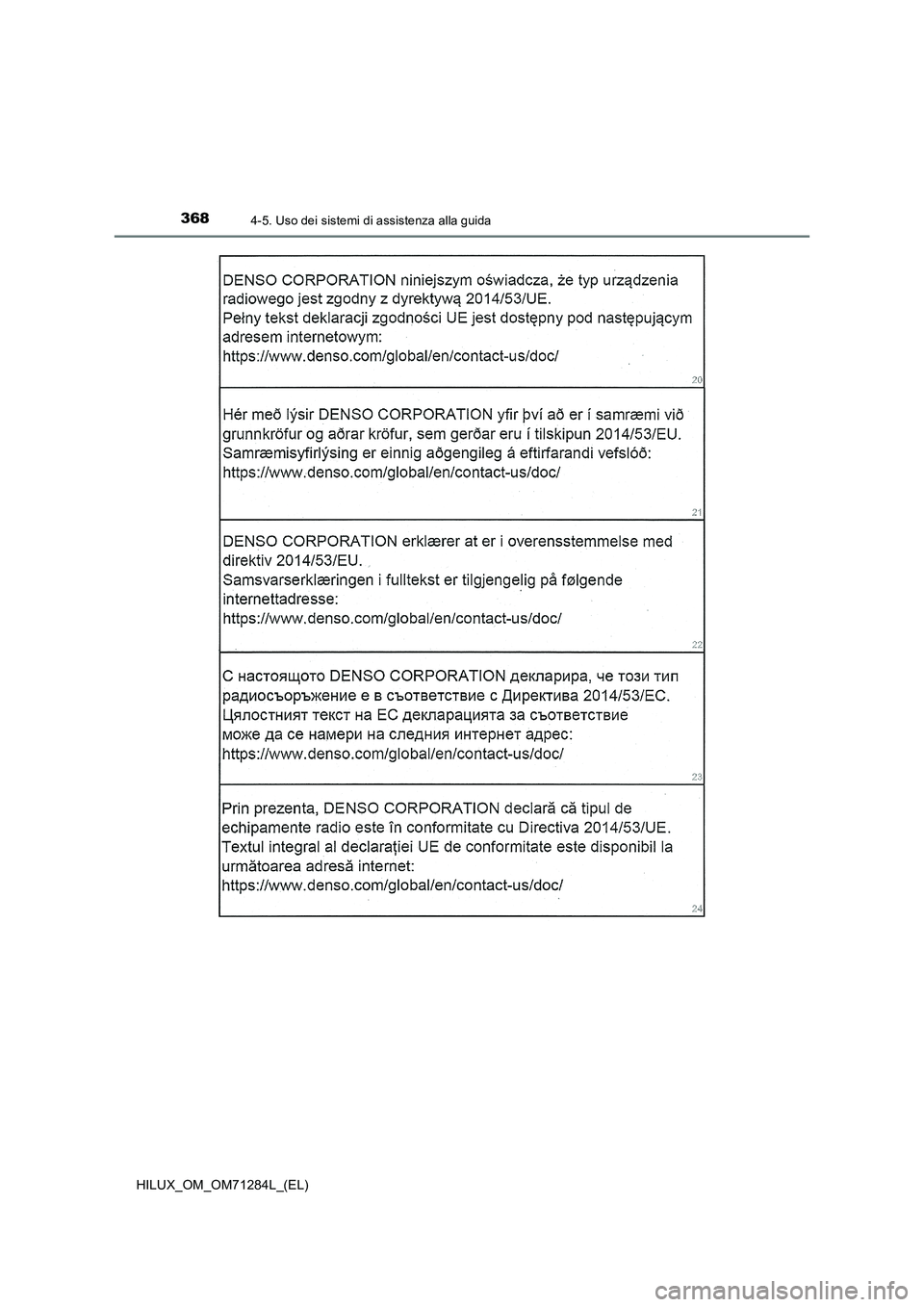TOYOTA HILUX 2020  Manuale duso (in Italian) 3684-5. Uso dei sistemi di assistenza alla guida
HILUX_OM_OM71284L_(EL) 