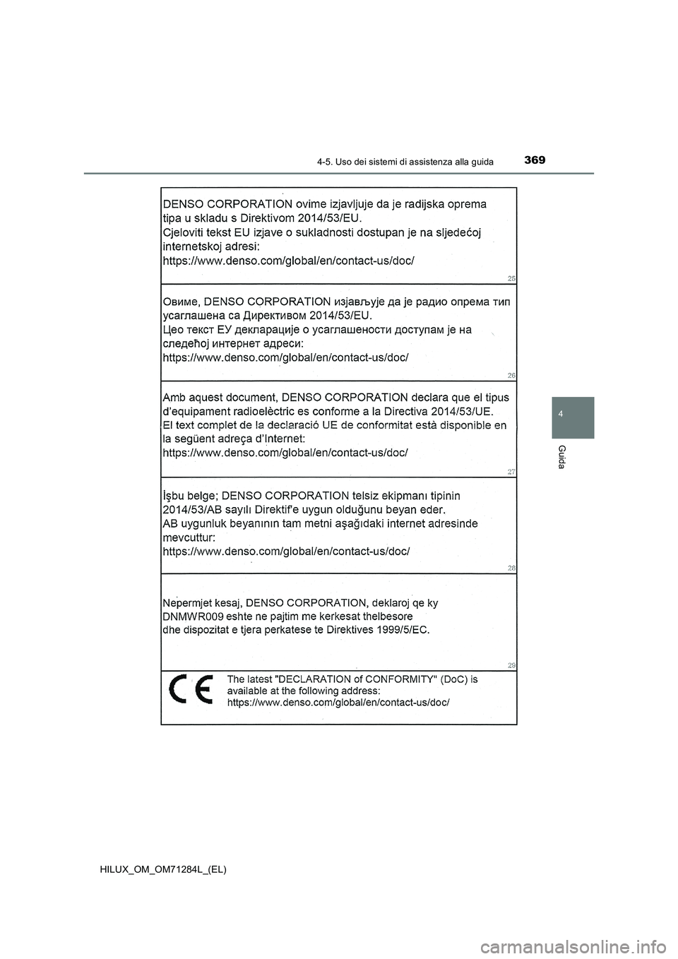 TOYOTA HILUX 2020  Manuale duso (in Italian) 3694-5. Uso dei sistemi di assistenza alla guida
4
Guida
HILUX_OM_OM71284L_(EL) 