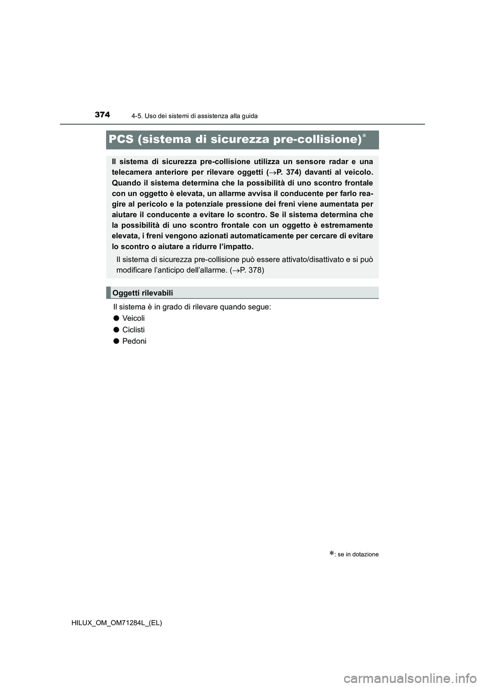 TOYOTA HILUX 2020 Manuale duso (in Italian) 3744-5. Uso dei sistemi di assistenza alla guida
HILUX_OM_OM71284L_(EL)
PCS (sistema di sicurezza pre-collisione)
Il sistema è in grado di rilevare quando segue:
●Veic oli
●Ciclisti
●Pedoni
TOYOTA HILUX 2020 Manuale duso (in Italian) 3744-5. Uso dei sistemi di assistenza alla guida
HILUX_OM_OM71284L_(EL)
PCS (sistema di sicurezza pre-collisione)
Il sistema è in grado di rilevare quando segue:
●Veic oli
●Ciclisti
●Pedoni