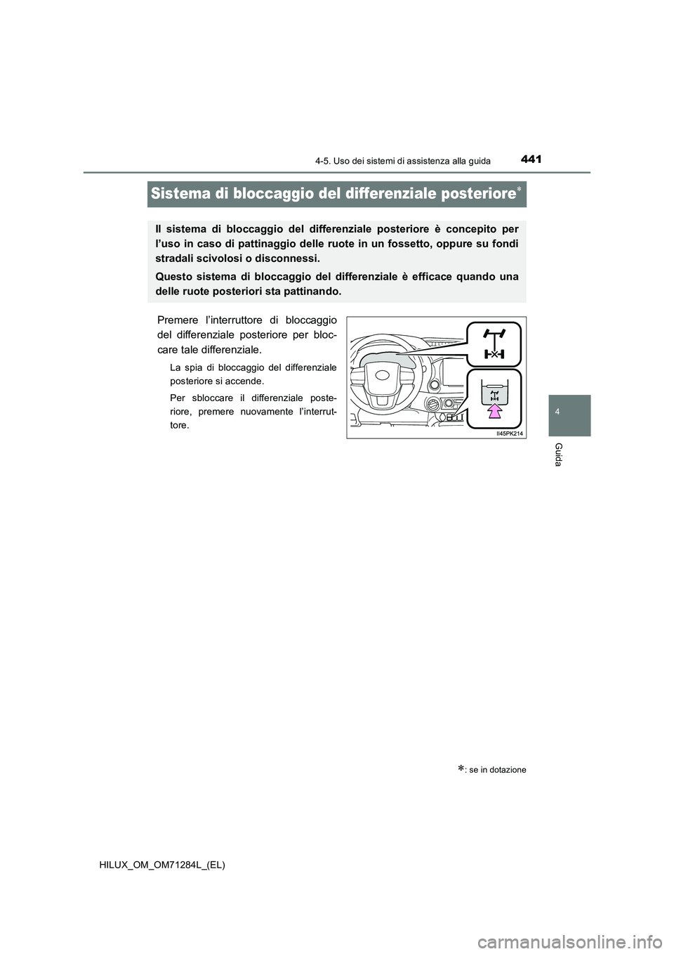 TOYOTA HILUX 2020 Manuale duso (in Italian) 441
4
4-5. Uso dei sistemi di assistenza alla guida
Guida
HILUX_OM_OM71284L_(EL)
Sistema di bloccaggio del differenziale posteriore
Premere l’interruttore di bloccaggio
del differenziale posterio TOYOTA HILUX 2020 Manuale duso (in Italian) 441
4
4-5. Uso dei sistemi di assistenza alla guida
Guida
HILUX_OM_OM71284L_(EL)
Sistema di bloccaggio del differenziale posteriore
Premere l’interruttore di bloccaggio
del differenziale posterio