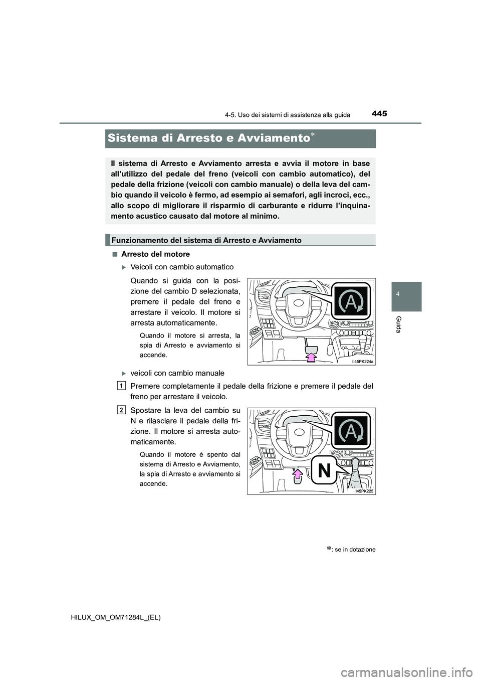 TOYOTA HILUX 2020 Manuale duso (in Italian) 445
4
4-5. Uso dei sistemi di assistenza alla guida
Guida
HILUX_OM_OM71284L_(EL)
Sistema di Arresto e Avviamento
■Arresto del motore
Veicoli con cambio automatico
Quando si guida con la posi-
TOYOTA HILUX 2020 Manuale duso (in Italian) 445
4
4-5. Uso dei sistemi di assistenza alla guida
Guida
HILUX_OM_OM71284L_(EL)
Sistema di Arresto e Avviamento
■Arresto del motore
Veicoli con cambio automatico
Quando si guida con la posi-