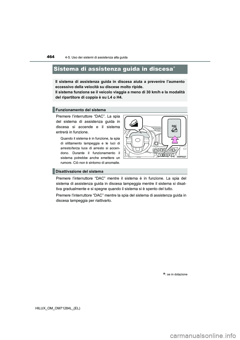 TOYOTA HILUX 2020 Manuale duso (in Italian) 4644-5. Uso dei sistemi di assistenza alla guida
HILUX_OM_OM71284L_(EL)
Sistema di assistenza guida in discesa
Premere l’interruttore “DAC”. La spia
del sistema di assistenza guida in
discesa TOYOTA HILUX 2020 Manuale duso (in Italian) 4644-5. Uso dei sistemi di assistenza alla guida
HILUX_OM_OM71284L_(EL)
Sistema di assistenza guida in discesa
Premere l’interruttore “DAC”. La spia
del sistema di assistenza guida in
discesa