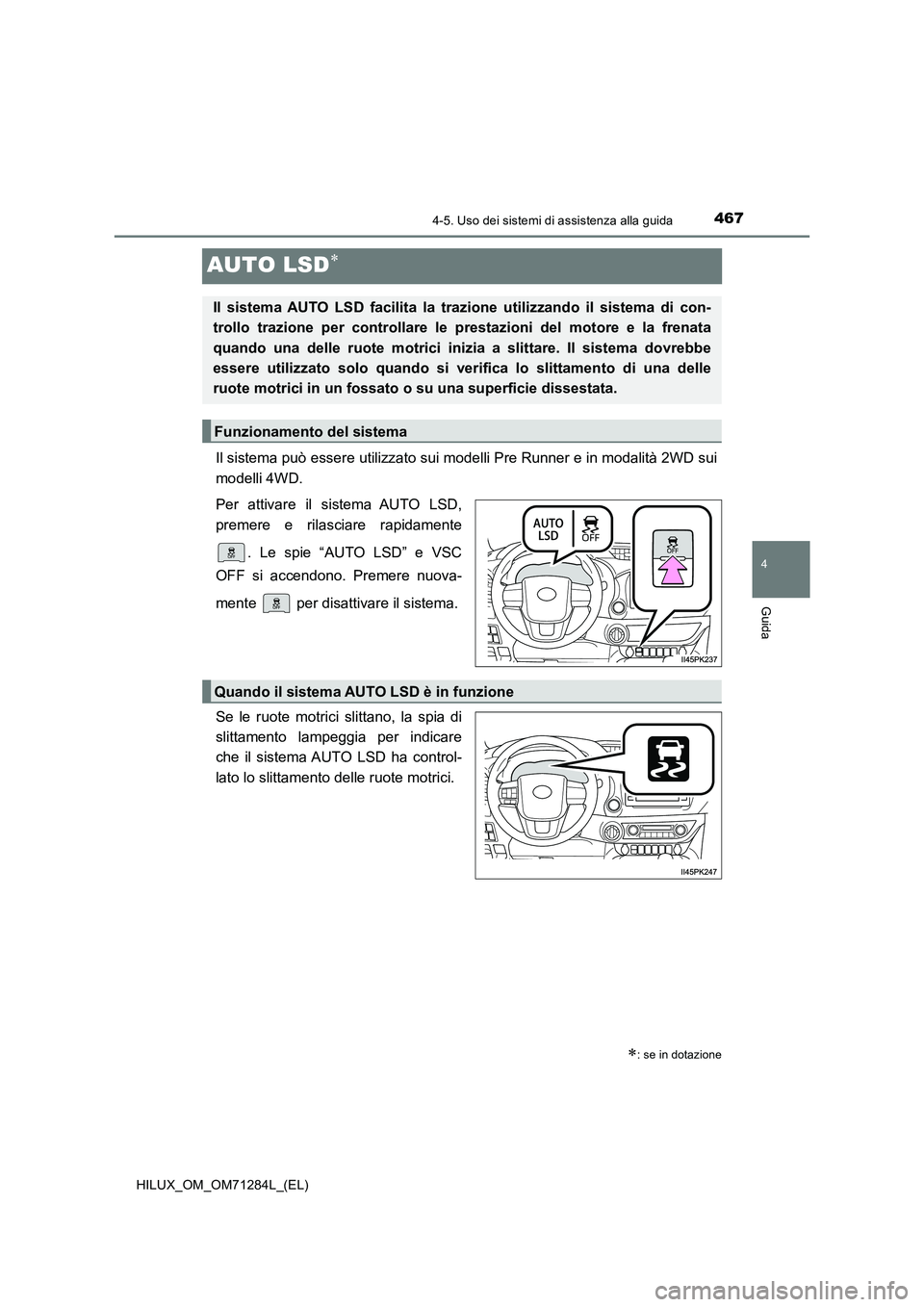 TOYOTA HILUX 2020 Manuale duso (in Italian) 467
4
4-5. Uso dei sistemi di assistenza alla guida
Guida
HILUX_OM_OM71284L_(EL)
AUTO LSD
Il sistema può essere utilizzato sui modelli Pre Runner e in modalità 2WD sui
modelli 4WD.
Per attivare i TOYOTA HILUX 2020 Manuale duso (in Italian) 467
4
4-5. Uso dei sistemi di assistenza alla guida
Guida
HILUX_OM_OM71284L_(EL)
AUTO LSD
Il sistema può essere utilizzato sui modelli Pre Runner e in modalità 2WD sui
modelli 4WD.
Per attivare i