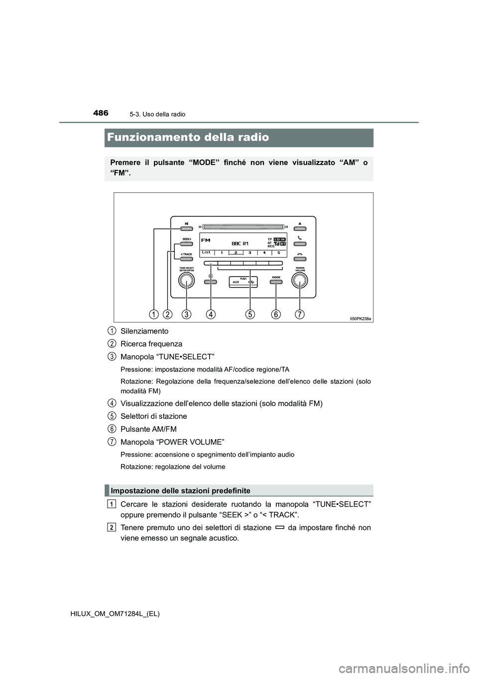 TOYOTA HILUX 2020 Manuale duso (in Italian) 4865-3. Uso della radio
HILUX_OM_OM71284L_(EL)
Funzionamento della radio
Silenziamento
Ricerca frequenza
Manopola “TUNE•SELECT”
Pressione: impostazione modalità AF/codice regione/TA
Rotazione: TOYOTA HILUX 2020 Manuale duso (in Italian) 4865-3. Uso della radio
HILUX_OM_OM71284L_(EL)
Funzionamento della radio
Silenziamento
Ricerca frequenza
Manopola “TUNE•SELECT”
Pressione: impostazione modalità AF/codice regione/TA
Rotazione: