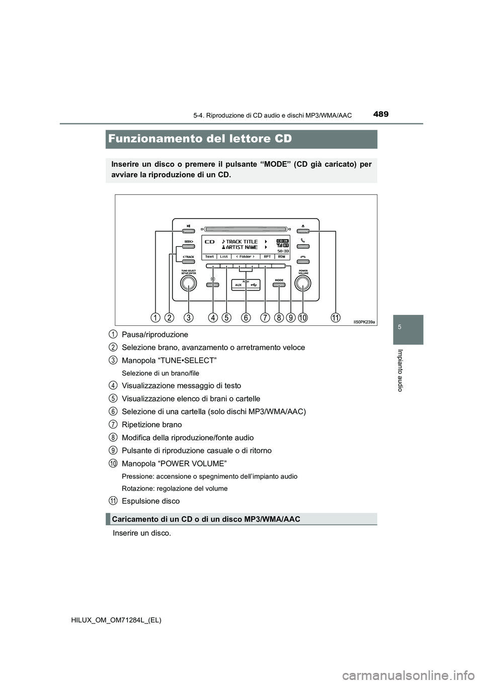 TOYOTA HILUX 2020 Manuale duso (in Italian) 489
5
5-4. Riproduzione di CD audio e dischi MP3/WMA/AAC
Impianto audio
HILUX_OM_OM71284L_(EL)
Funzionamento del lettore CD
Pausa/riproduzione
Selezione brano, avanzamento o arretramento veloce
Manopo TOYOTA HILUX 2020 Manuale duso (in Italian) 489
5
5-4. Riproduzione di CD audio e dischi MP3/WMA/AAC
Impianto audio
HILUX_OM_OM71284L_(EL)
Funzionamento del lettore CD
Pausa/riproduzione
Selezione brano, avanzamento o arretramento veloce
Manopo