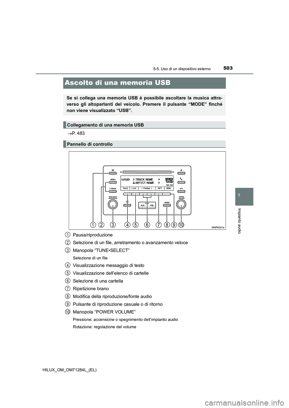 TOYOTA HILUX 2020 Manuale duso (in Italian) 503
5
5-5. Uso di un dispositivo esterno
Impianto audio
HILUX_OM_OM71284L_(EL)
Ascolto di una memoria USB
P. 483
Pausa/riproduzione
Selezione di un file, arretramento o avanzamento veloce
Manopola TOYOTA HILUX 2020 Manuale duso (in Italian) 503
5
5-5. Uso di un dispositivo esterno
Impianto audio
HILUX_OM_OM71284L_(EL)
Ascolto di una memoria USB
P. 483
Pausa/riproduzione
Selezione di un file, arretramento o avanzamento veloce
Manopola