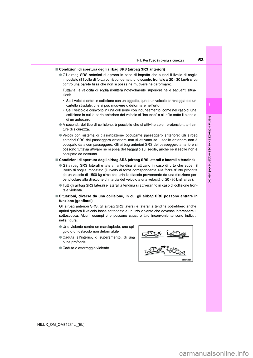 TOYOTA HILUX 2020 Manuale duso (in Italian) 531-1. Per l’uso in piena sicurezza
1
HILUX_OM_OM71284L_(EL)
Per la sicurezza dei passeggeri e del veicolo
■Condizioni di apertura degli airbag SRS (airbag SRS anteriori)
● Gli airbag SRS anter TOYOTA HILUX 2020 Manuale duso (in Italian) 531-1. Per l’uso in piena sicurezza
1
HILUX_OM_OM71284L_(EL)
Per la sicurezza dei passeggeri e del veicolo
■Condizioni di apertura degli airbag SRS (airbag SRS anteriori)
● Gli airbag SRS anter