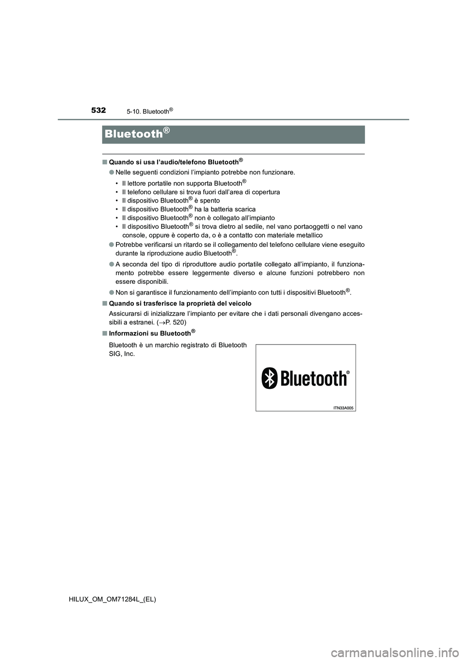 TOYOTA HILUX 2020 Manuale duso (in Italian) 5325-10. Bluetooth®
HILUX_OM_OM71284L_(EL)
Bluetooth®
■Quando si usa l’audio/telefono Bluetooth®
●Nelle seguenti condizioni l’impianto potrebbe non funzionare.
• Il lettore portatile non TOYOTA HILUX 2020 Manuale duso (in Italian) 5325-10. Bluetooth®
HILUX_OM_OM71284L_(EL)
Bluetooth®
■Quando si usa l’audio/telefono Bluetooth®
●Nelle seguenti condizioni l’impianto potrebbe non funzionare.
• Il lettore portatile non