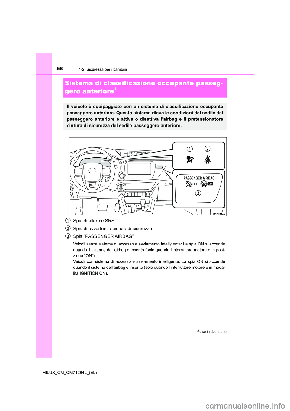 TOYOTA HILUX 2020 Manuale duso (in Italian) 581-2. Sicurezza per i bambini
HILUX_OM_OM71284L_(EL)
Sistema di classificazione occupante passeg-
gero anteriore
Spia di allarme SRS
Spia di avvertenza cintura di sicurezza
Spia “PASSENGER AI TOYOTA HILUX 2020 Manuale duso (in Italian) 581-2. Sicurezza per i bambini
HILUX_OM_OM71284L_(EL)
Sistema di classificazione occupante passeg-
gero anteriore
Spia di allarme SRS
Spia di avvertenza cintura di sicurezza
Spia “PASSENGER AI