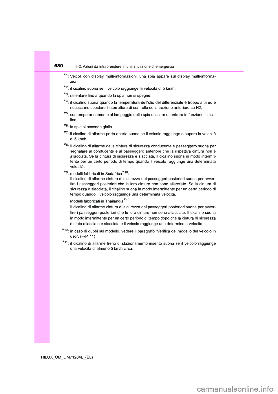 TOYOTA HILUX 2020 Manuale duso (in Italian) 6808-2. Azioni da intraprendere in una situazione di emergenza
HILUX_OM_OM71284L_(EL)
*1: Veicoli con display multi-informazioni: una spia appare sul display multi-informa-
zioni.
*2: il cicalino suo TOYOTA HILUX 2020 Manuale duso (in Italian) 6808-2. Azioni da intraprendere in una situazione di emergenza
HILUX_OM_OM71284L_(EL)
*1: Veicoli con display multi-informazioni: una spia appare sul display multi-informa-
zioni.
*2: il cicalino suo